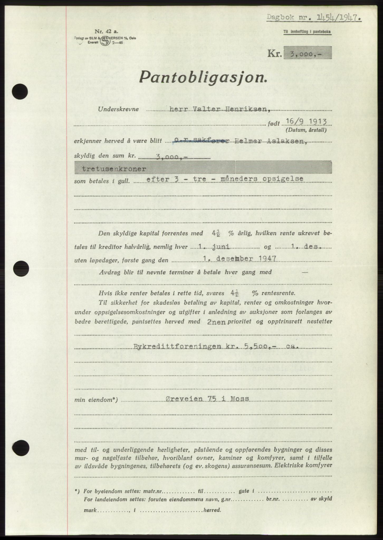 Moss sorenskriveri, SAO/A-10168: Pantebok nr. B17, 1947-1947, Dagboknr: 1454/1947