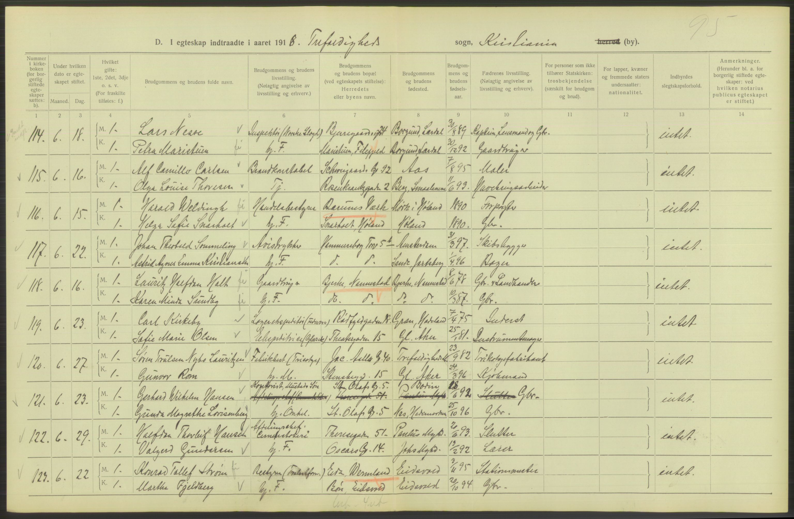 Statistisk sentralbyrå, Sosiodemografiske emner, Befolkning, AV/RA-S-2228/D/Df/Dfb/Dfbh/L0009: Kristiania: Gifte, 1918, s. 250