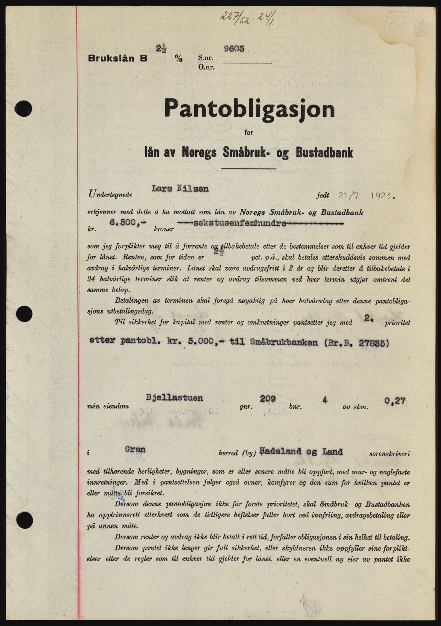 Hadeland og Land tingrett, SAH/TING-010/H/Hb/Hbc/L0023: Pantebok nr. B23, 1952-1952, Dagboknr: 227/1952