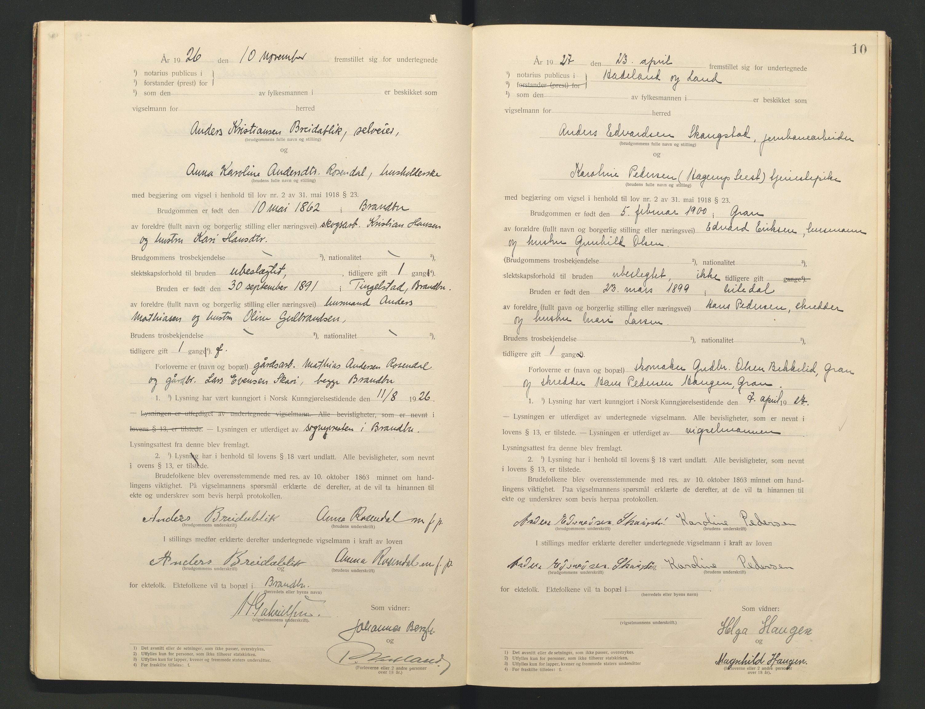 Hadeland og Land tingrett, AV/SAH-TING-010/L/Lb/L0001: Vigselbok, 1920-1943, s. 10