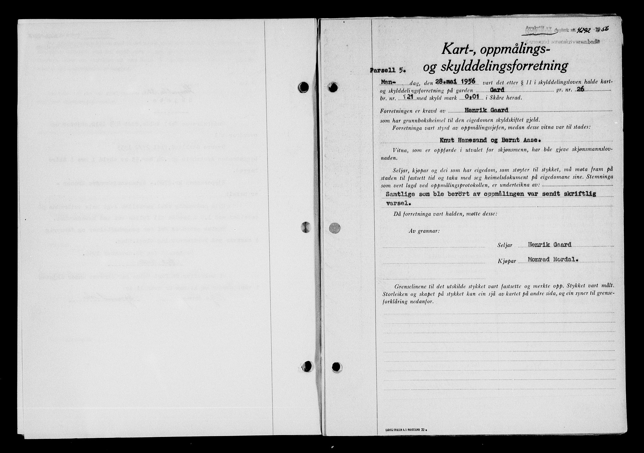 Karmsund sorenskriveri, SAST/A-100311/01/II/IIB/L0122: Pantebok nr. 102A, 1956-1956, Dagboknr: 4292/1956