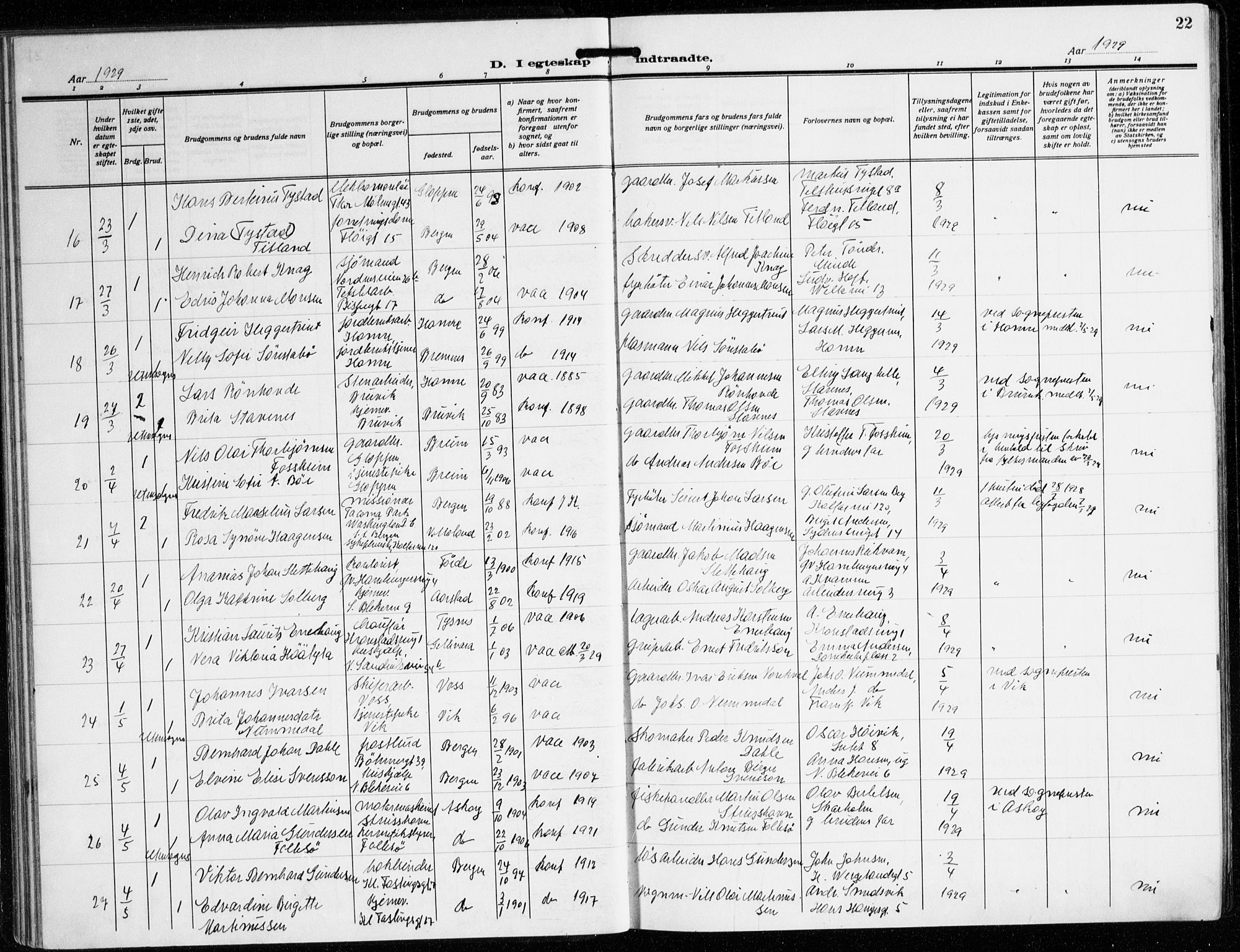 Korskirken sokneprestembete, AV/SAB-A-76101/H/Hab: Klokkerbok nr. D 5, 1926-1944, s. 22