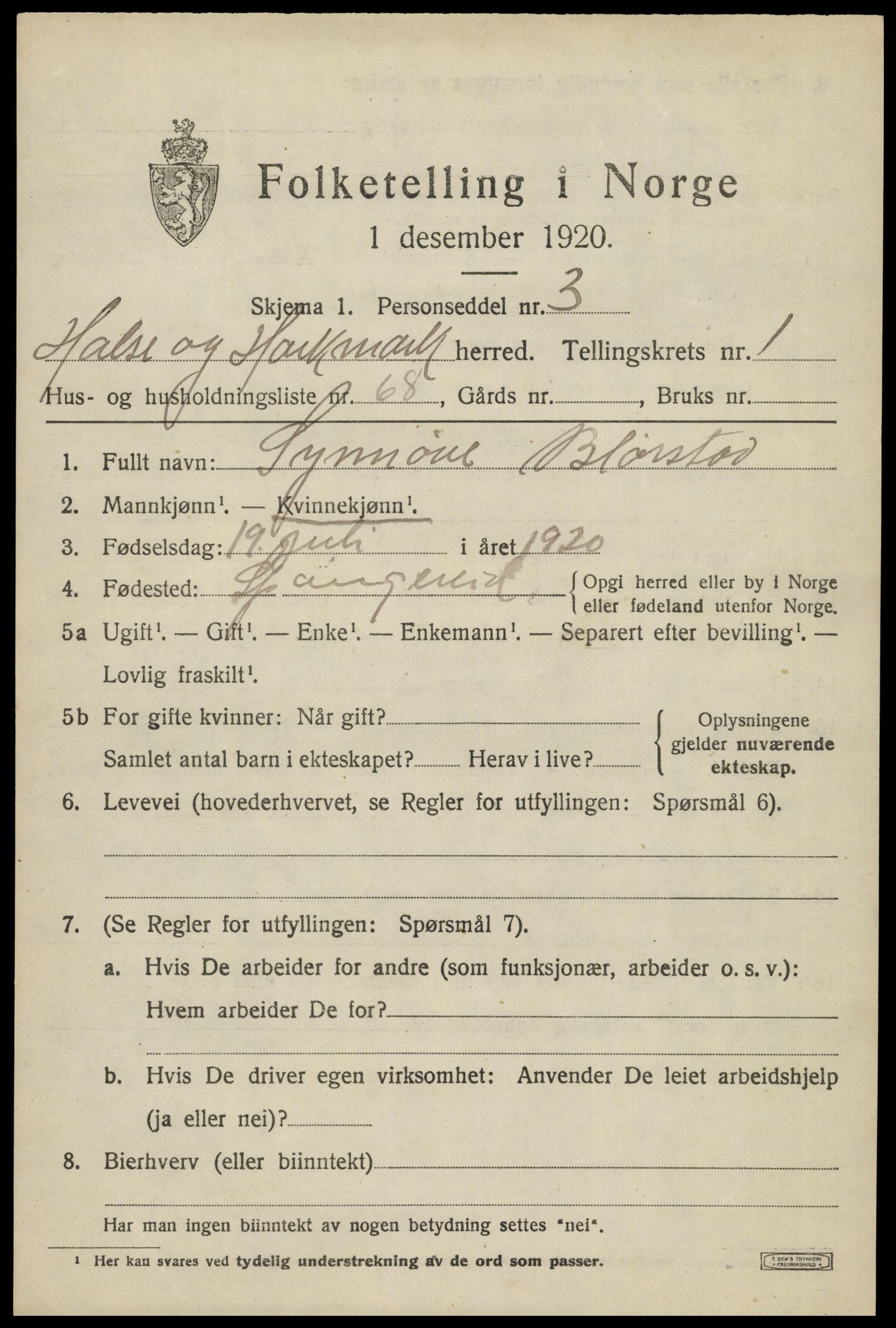SAK, Folketelling 1920 for 1019 Halse og Harkmark herred, 1920, s. 2015