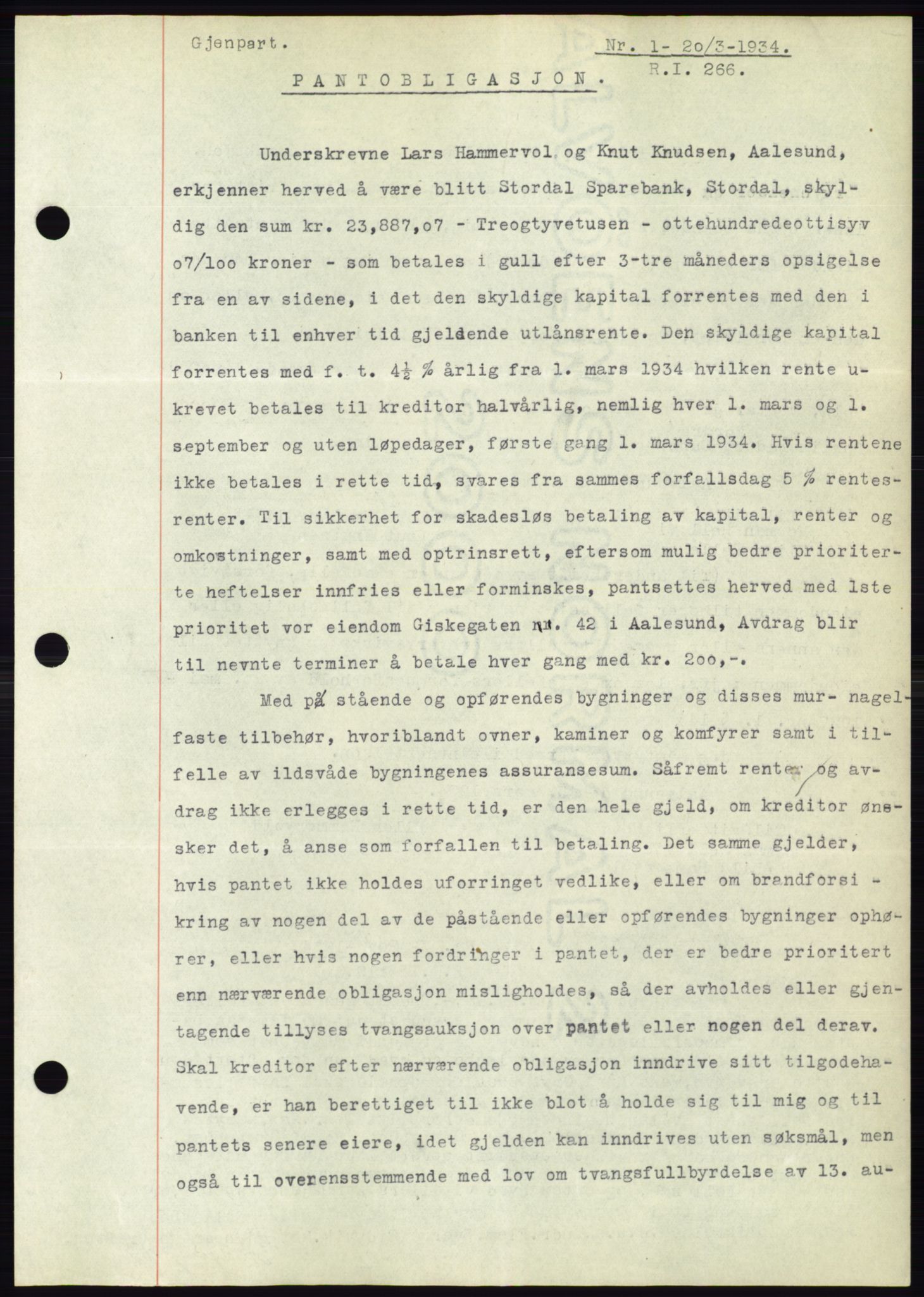 Ålesund byfogd, AV/SAT-A-4384: Pantebok nr. 31, 1933-1934, Tingl.dato: 20.03.1934