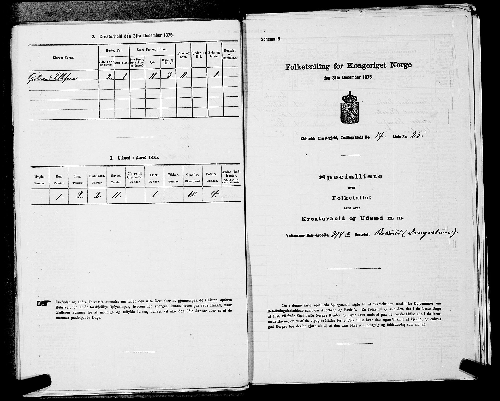 RA, Folketelling 1875 for 0237P Eidsvoll prestegjeld, 1875, s. 2372