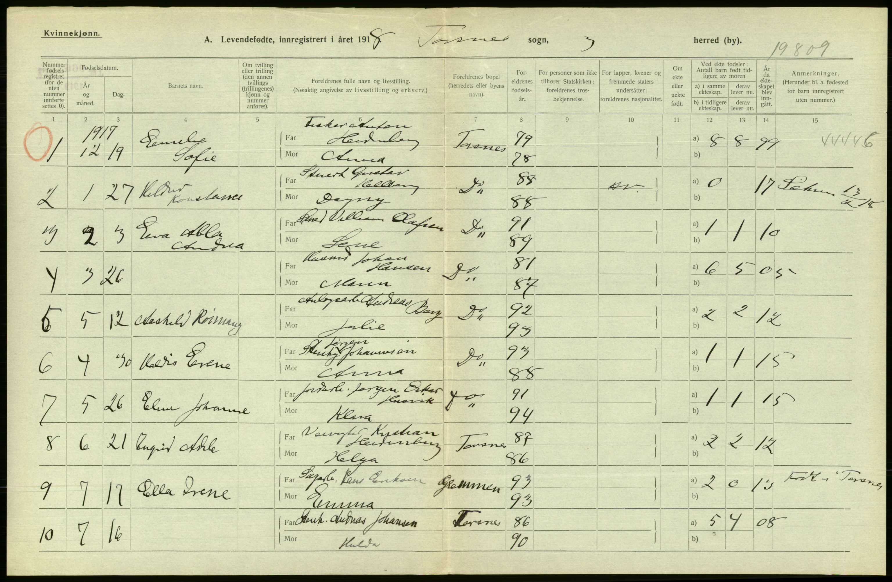 Statistisk sentralbyrå, Sosiodemografiske emner, Befolkning, RA/S-2228/D/Df/Dfb/Dfbh/L0001: Østfold fylke: Levendefødte menn og kvinner. Bygder., 1918, s. 546