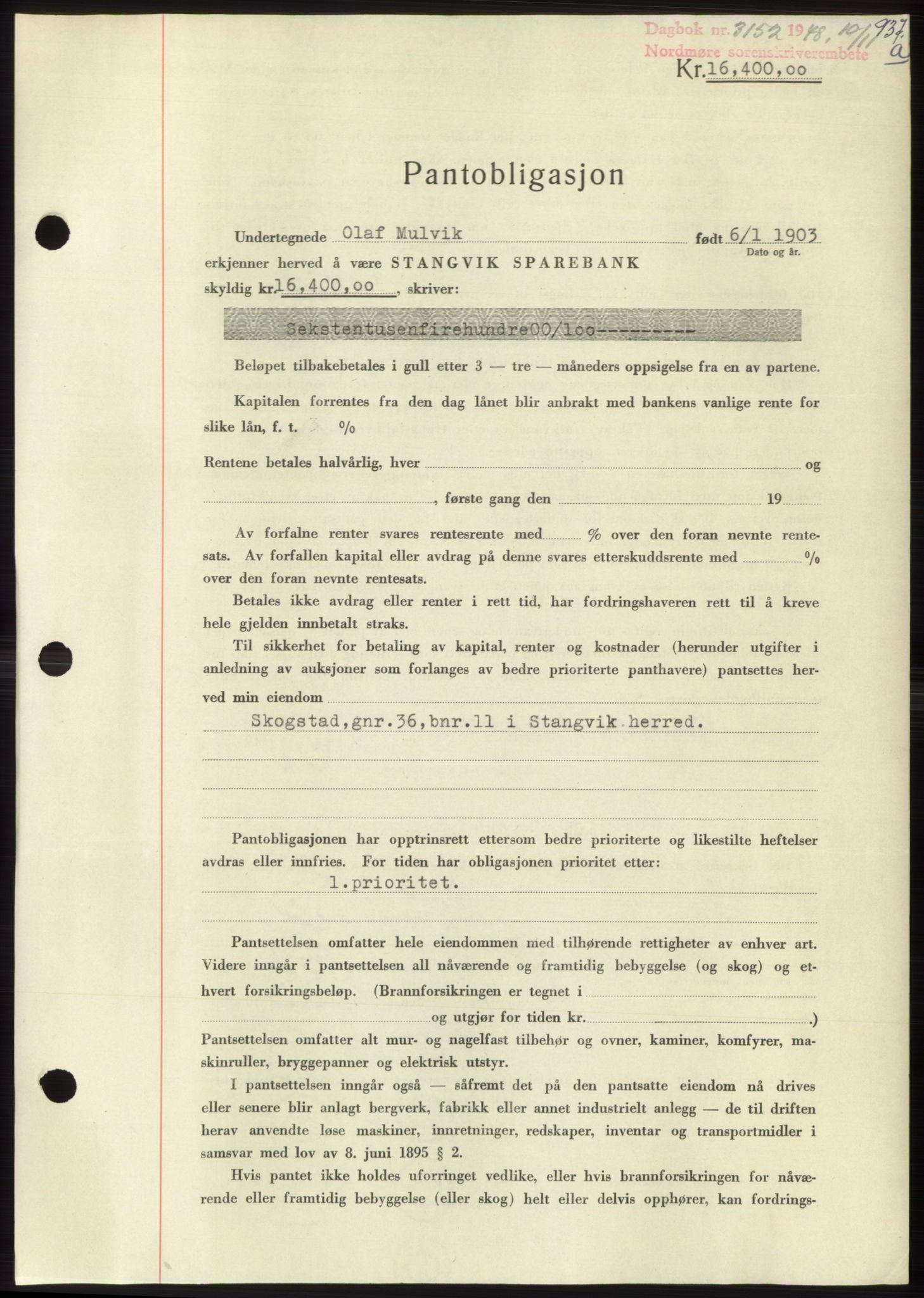 Nordmøre sorenskriveri, SAT/A-4132/1/2/2Ca: Pantebok nr. B99, 1948-1948, Dagboknr: 3152/1948