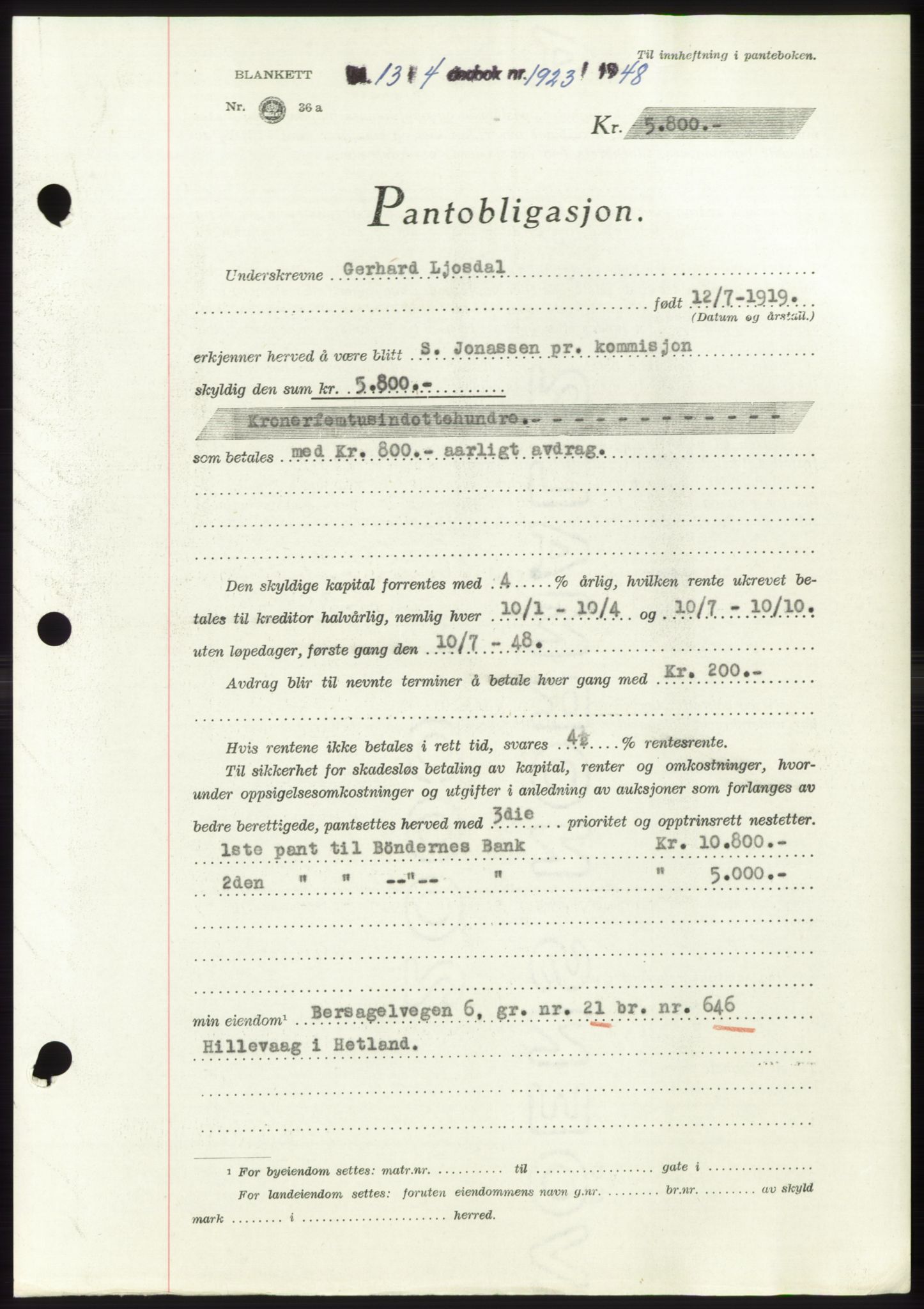 Jæren sorenskriveri, SAST/A-100310/03/G/Gba/L0098: Pantebok, 1948-1948, Dagboknr: 1923/1948
