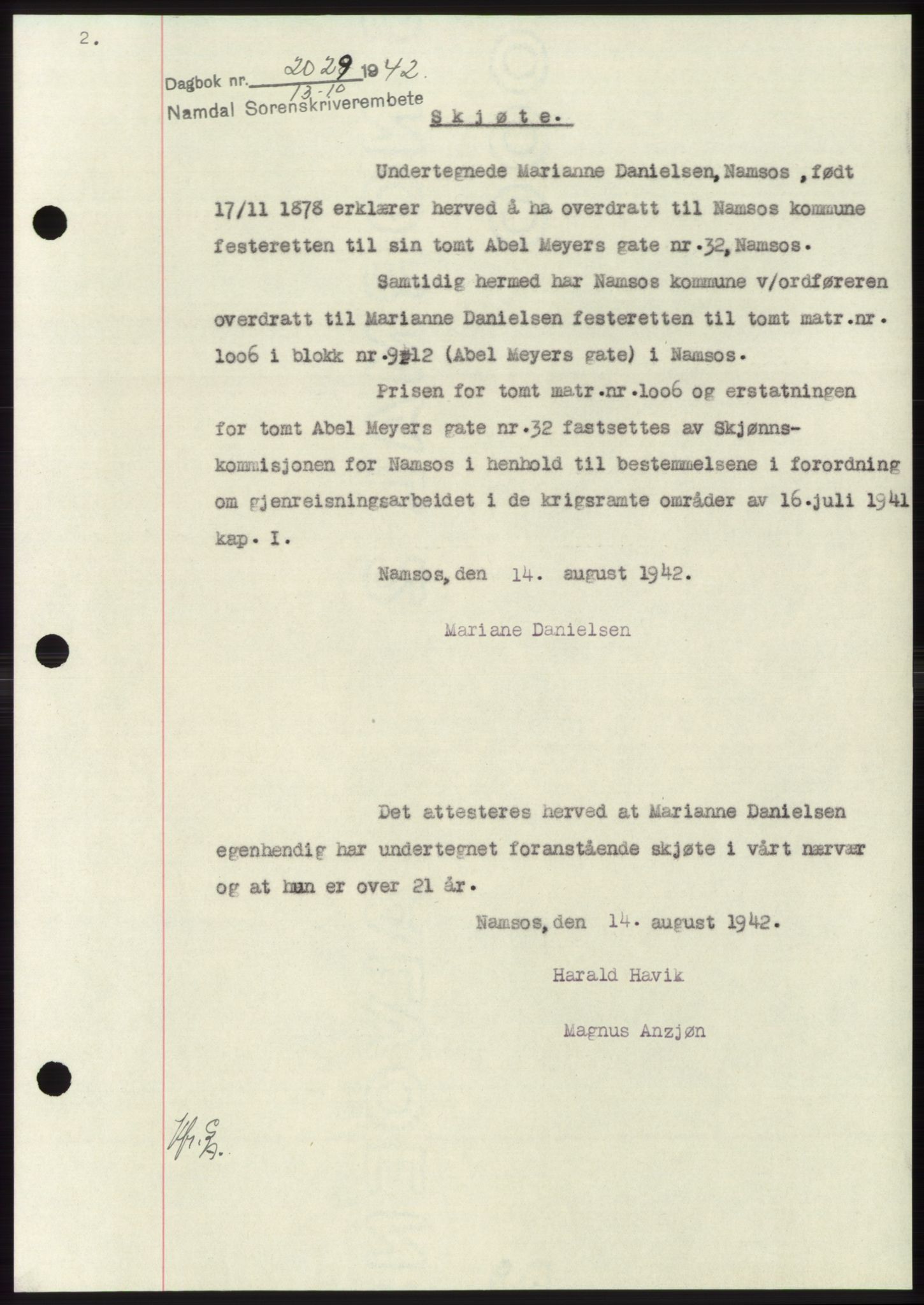 Namdal sorenskriveri, SAT/A-4133/1/2/2C: Pantebok nr. -, 1942-1943, Dagboknr: 2029/1942