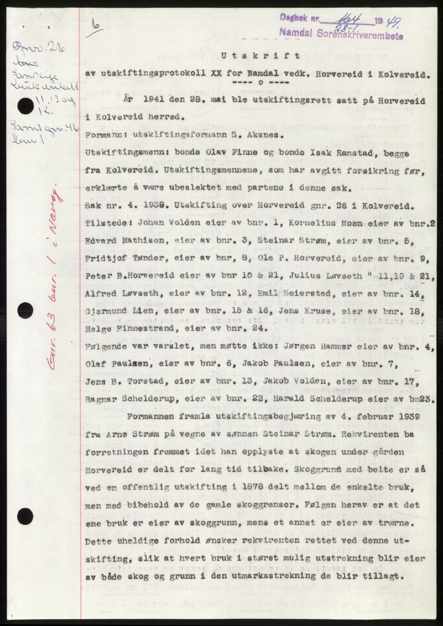 Namdal sorenskriveri, SAT/A-4133/1/2/2C: Pantebok nr. -, 1949-1949, Dagboknr: 164/1949