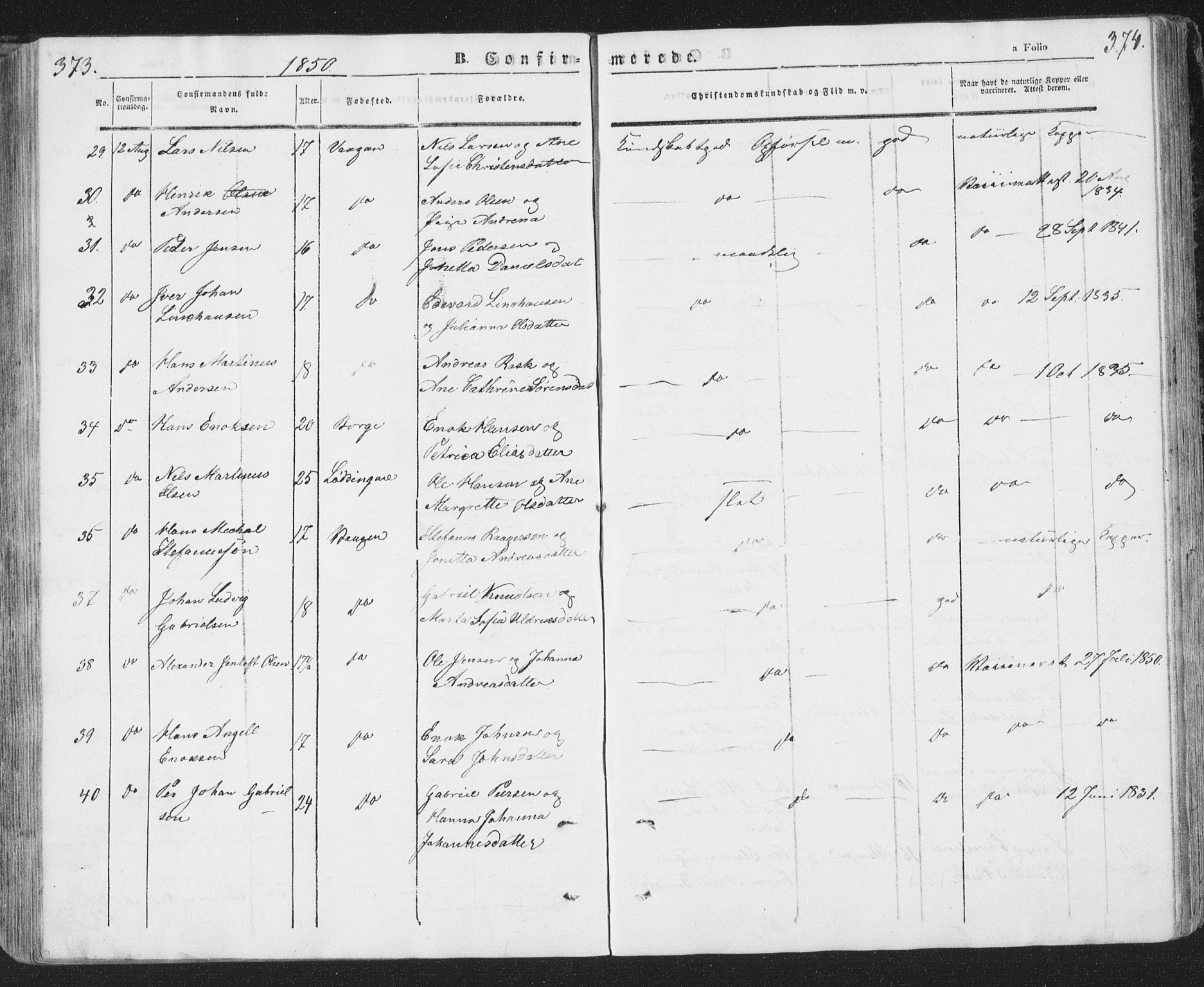 Ministerialprotokoller, klokkerbøker og fødselsregistre - Nordland, SAT/A-1459/874/L1072: Klokkerbok nr. 874C01, 1843-1859, s. 373-374