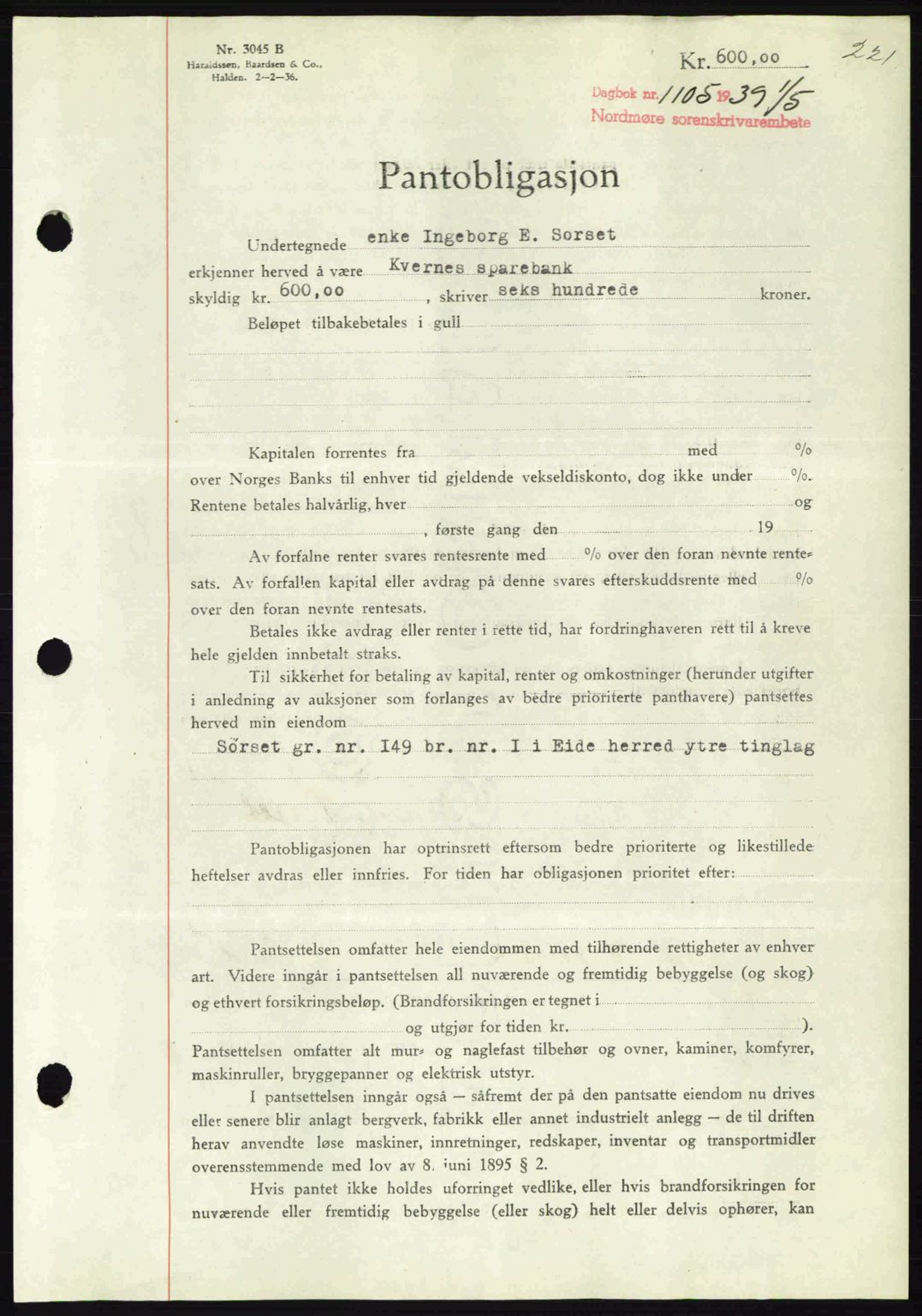 Nordmøre sorenskriveri, AV/SAT-A-4132/1/2/2Ca: Pantebok nr. B85, 1939-1939, Dagboknr: 1105/1939