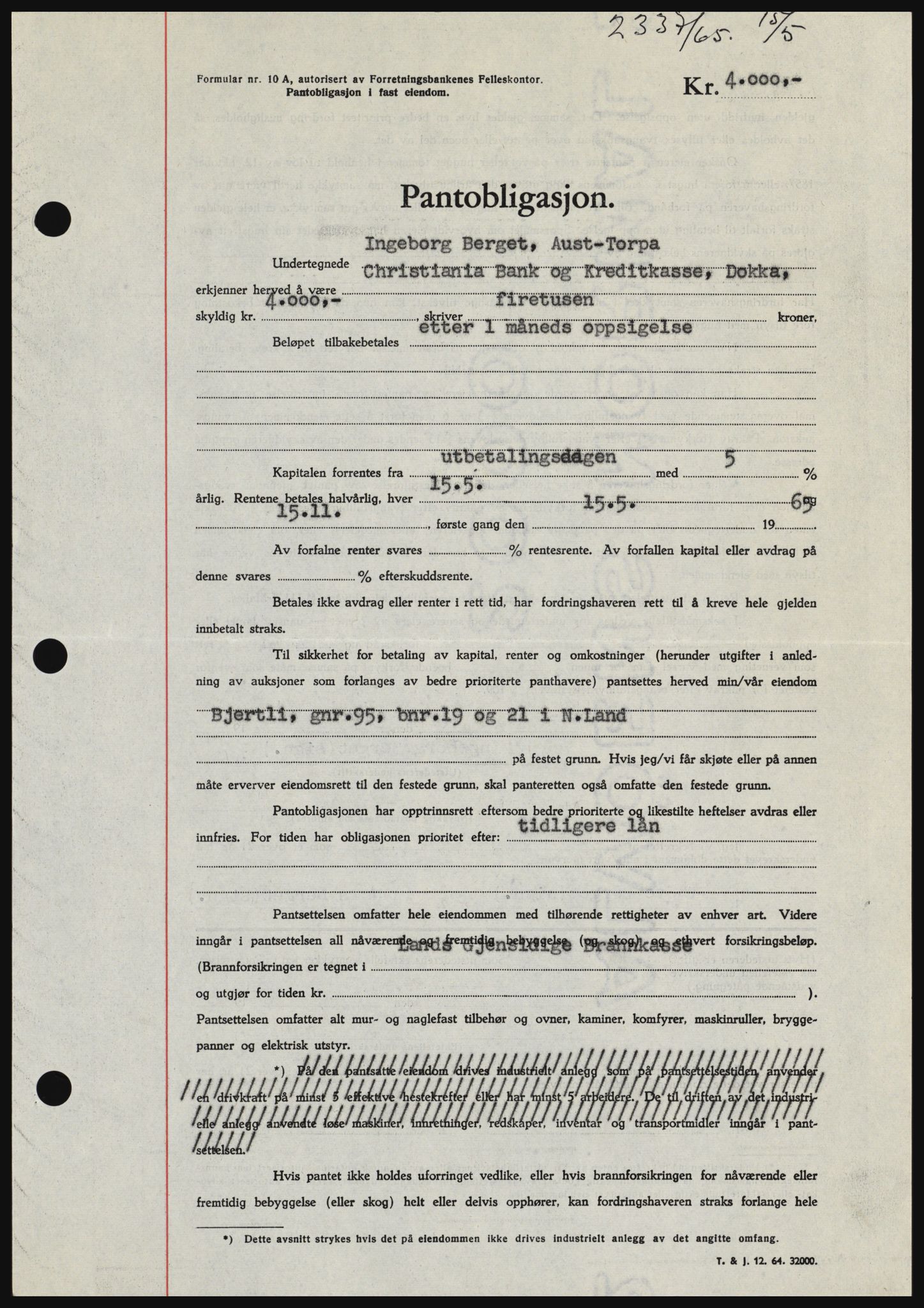 Hadeland og Land tingrett, AV/SAH-TING-010/H/Hb/Hbc/L0058: Pantebok nr. B58, 1965-1965, Dagboknr: 2337/1965