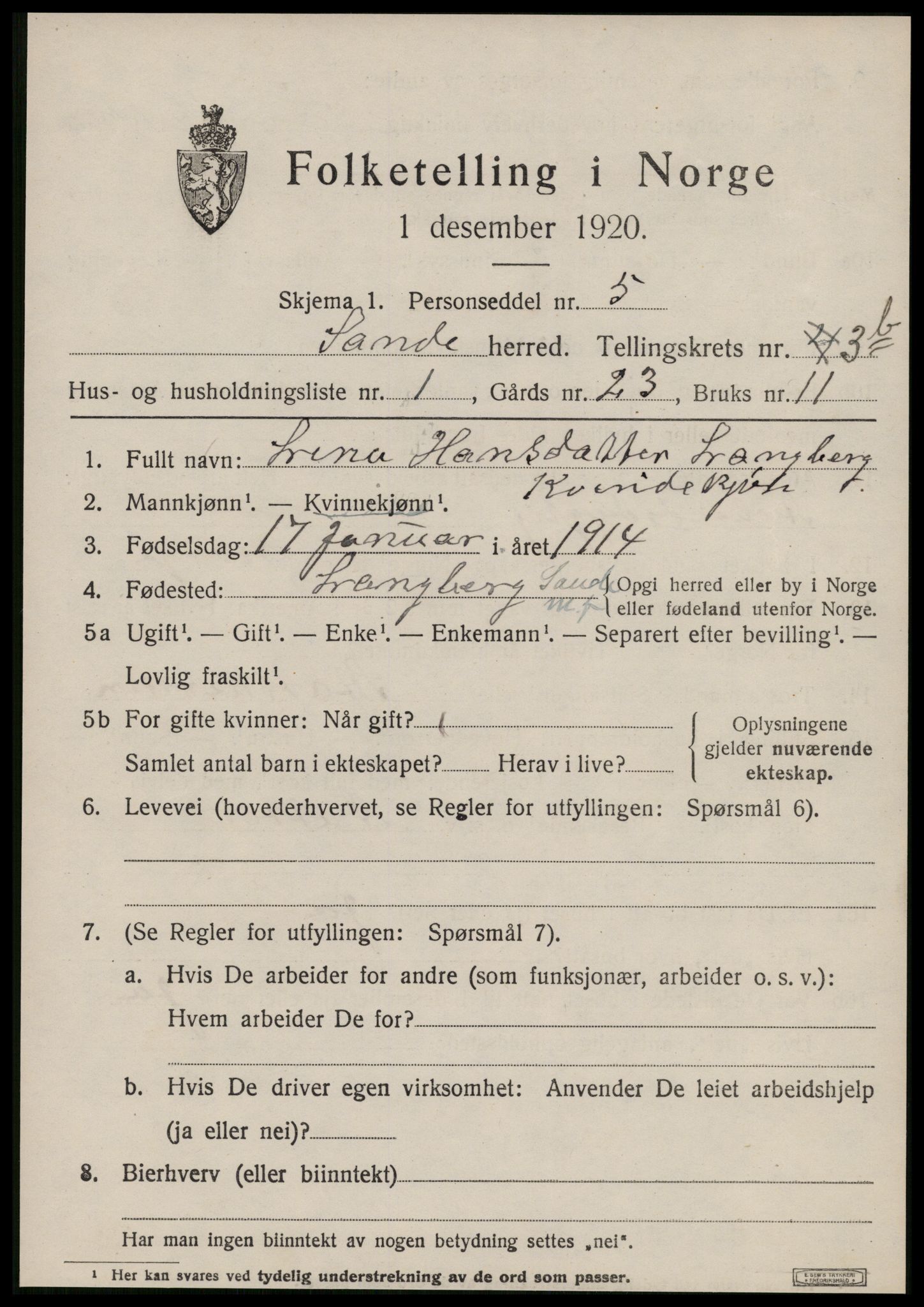 SAT, Folketelling 1920 for 1514 Sande herred, 1920, s. 2708