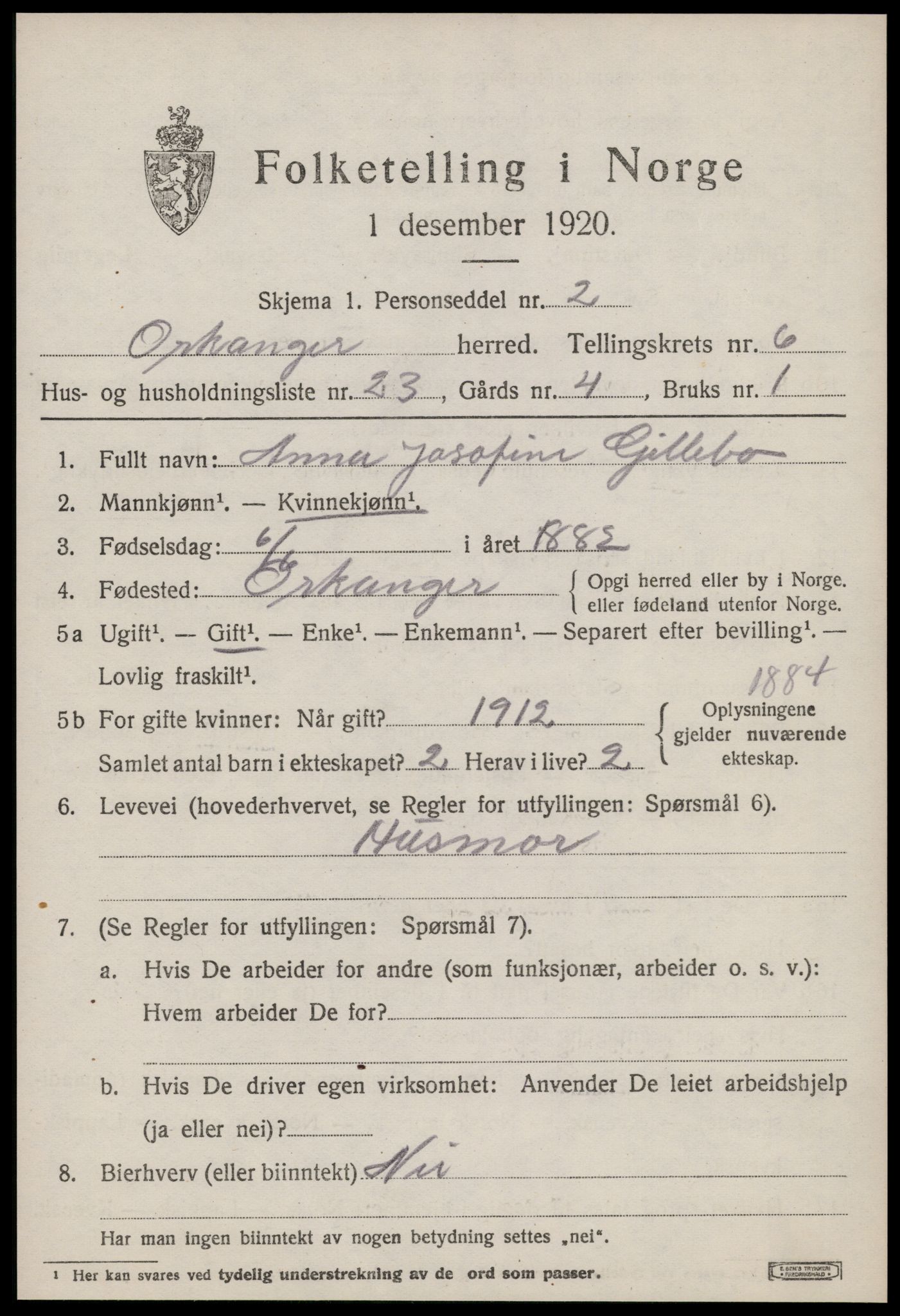 SAT, Folketelling 1920 for 1639 Orkanger herred, 1920, s. 3377