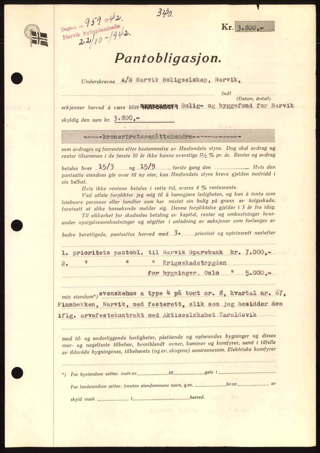 Narvik sorenskriveri, SAT/A-0002/1/2/2C/2Ca: Pantebok nr. A19, 1942-1943, Dagboknr: 959/1942