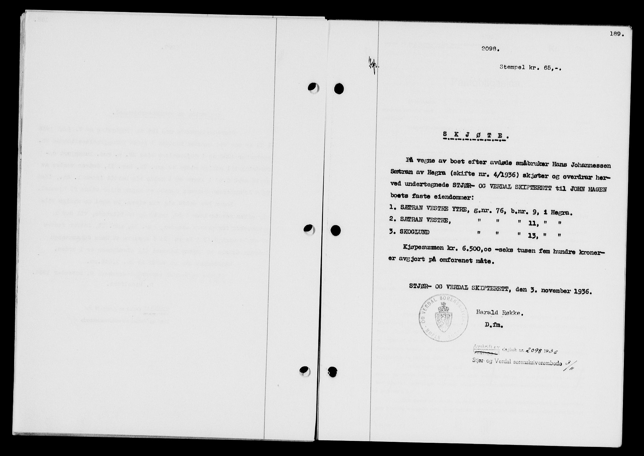 Stjør- og Verdal sorenskriveri, SAT/A-4167/1/2/2C/L0078: Pantebok nr. 46, 1936-1937, Dagboknr: 2098/1936