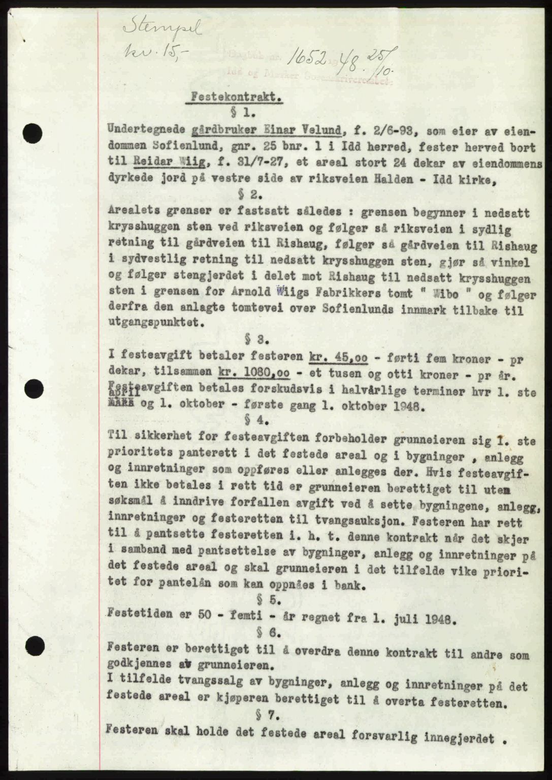 Idd og Marker sorenskriveri, SAO/A-10283/G/Gb/Gbb/L0011: Pantebok nr. A11, 1948-1949, Dagboknr: 1652/1948