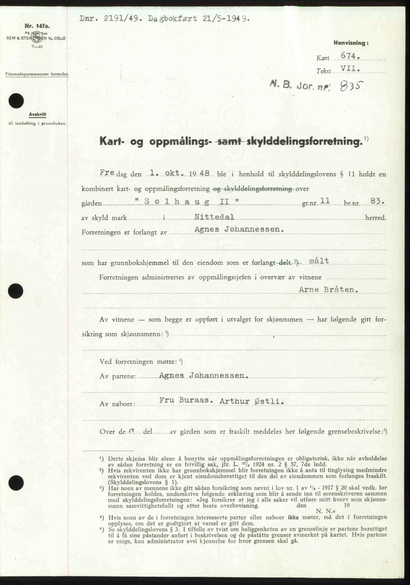 Nedre Romerike sorenskriveri, SAO/A-10469/G/Gb/Gbd/L0025: Pantebok nr. 25, 1949-1949, Dagboknr: 2191/1949