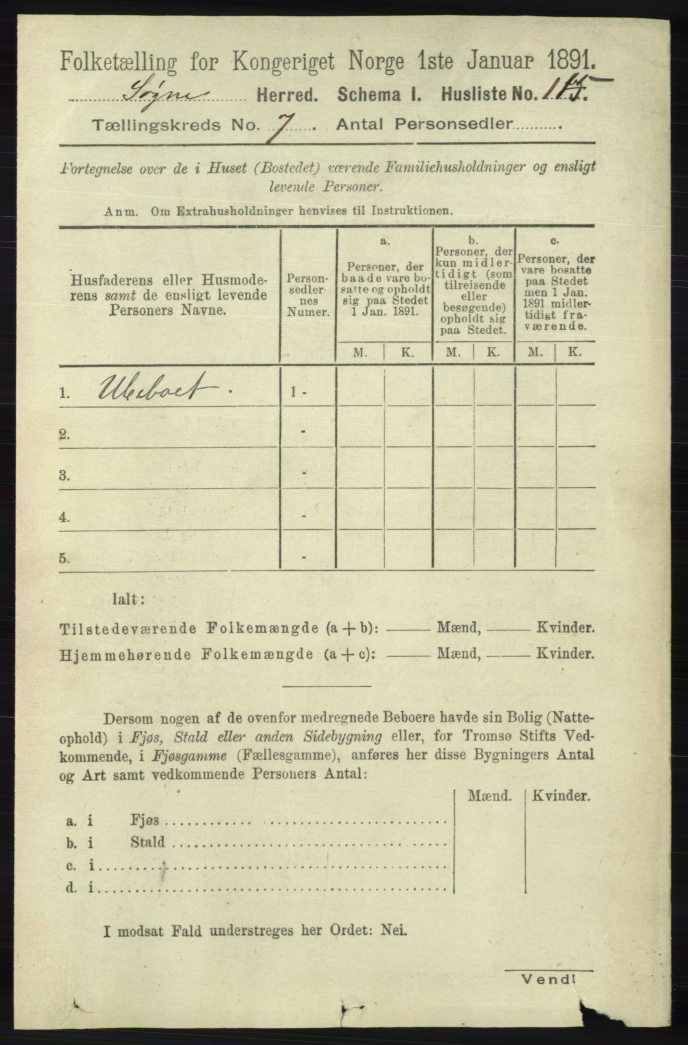 RA, Folketelling 1891 for 1018 Søgne herred, 1891, s. 1538