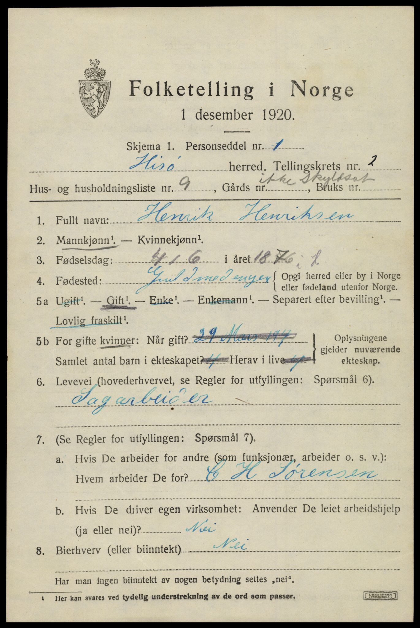 SAK, Folketelling 1920 for 0922 Hisøy herred, 1920, s. 2490