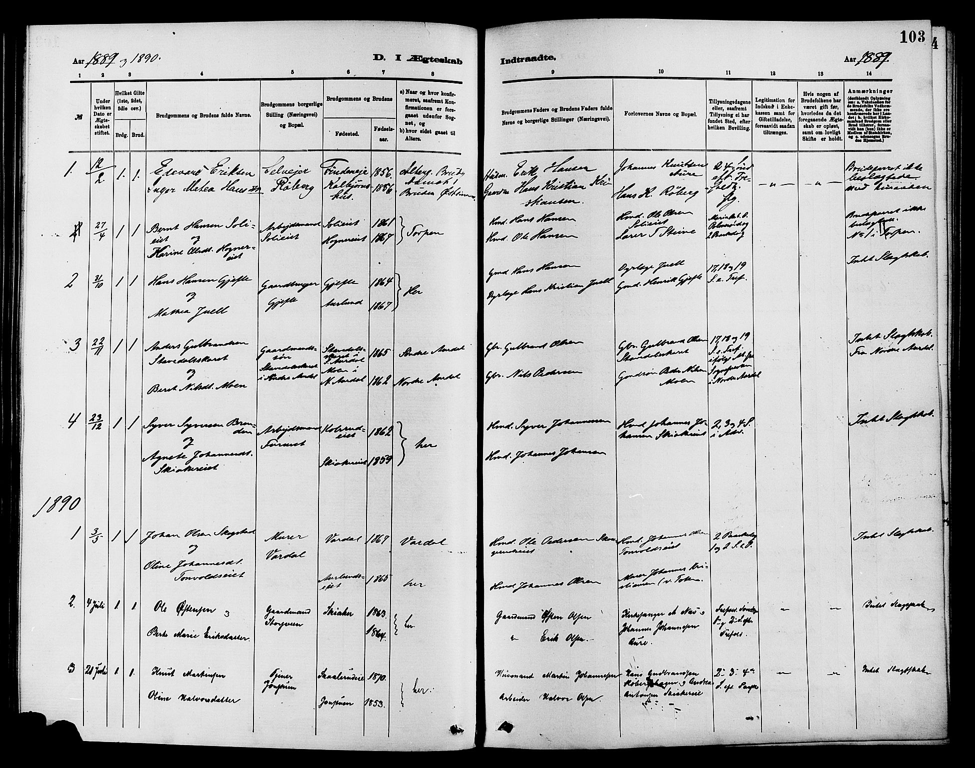 Nordre Land prestekontor, AV/SAH-PREST-124/H/Ha/Haa/L0003: Ministerialbok nr. 3, 1882-1896, s. 103