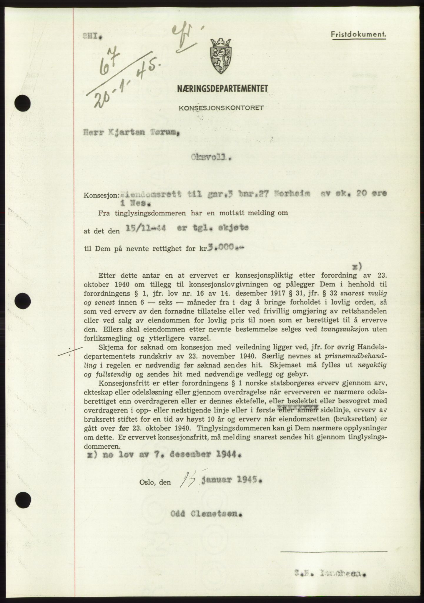 Fosen sorenskriveri, AV/SAT-A-1107/1/2/2C: Pantebok nr. B1, 1943-1946, Dagboknr: 67/1945