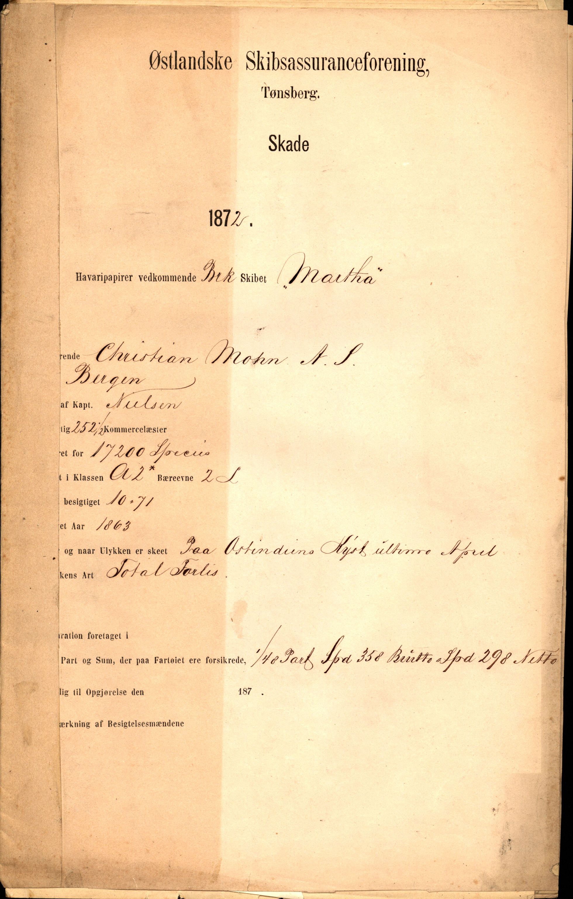 Pa 63 - Østlandske skibsassuranceforening, VEMU/A-1079/G/Ga/L0004/0007: Havaridokumenter / Martha, 1872