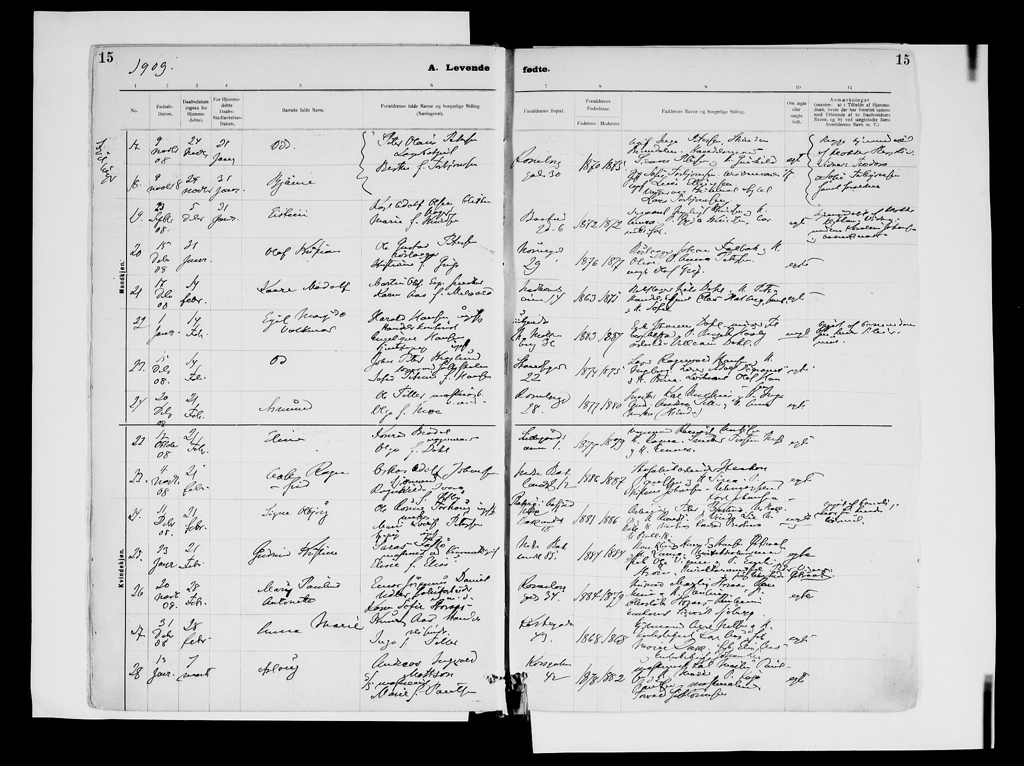 Ministerialprotokoller, klokkerbøker og fødselsregistre - Sør-Trøndelag, SAT/A-1456/604/L0203: Ministerialbok nr. 604A23, 1908-1916, s. 15