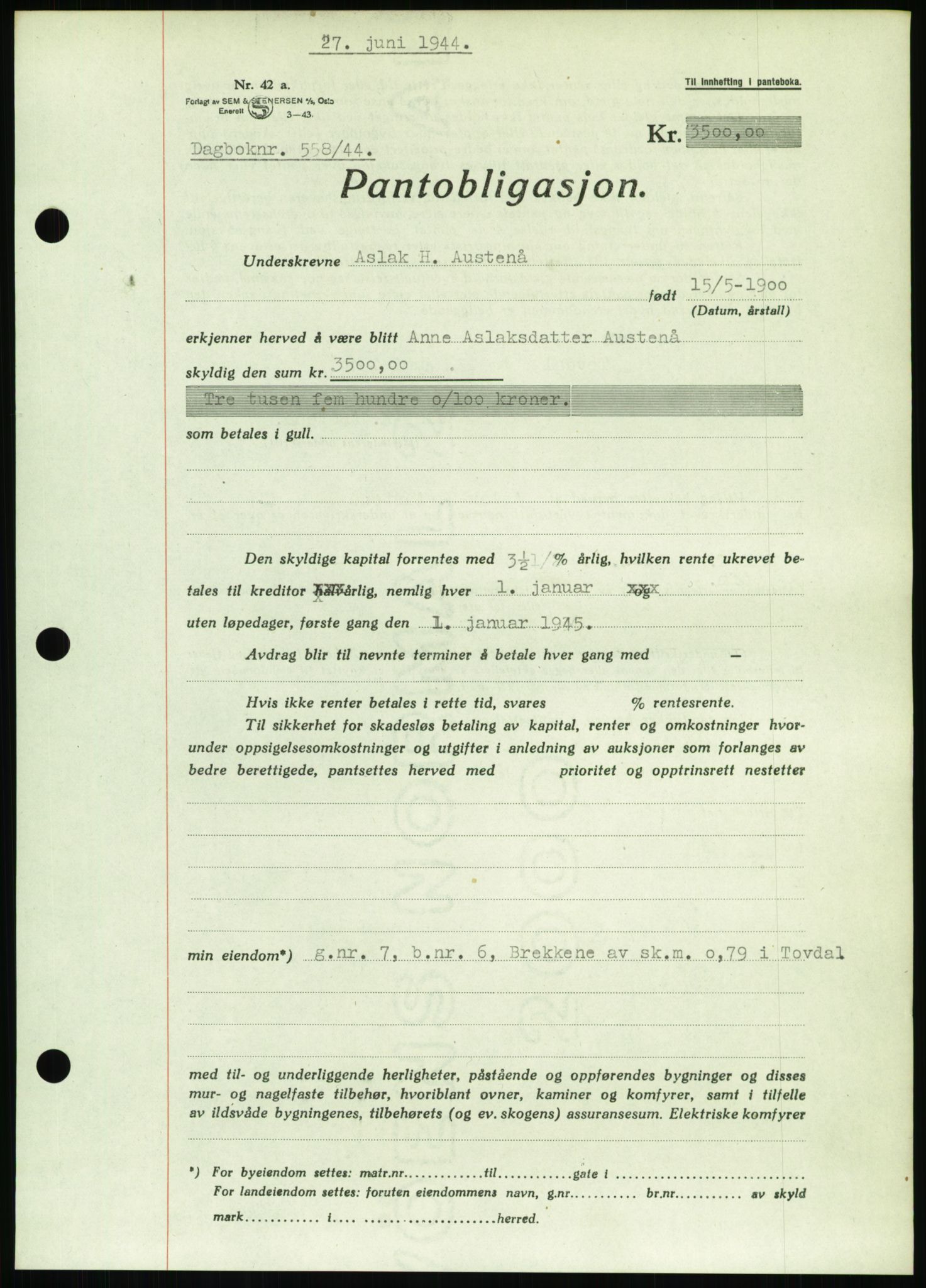 Nedenes sorenskriveri, SAK/1221-0006/G/Gb/Gbb/L0002: Pantebok nr. II, 1942-1945, Dagboknr: 558/1944