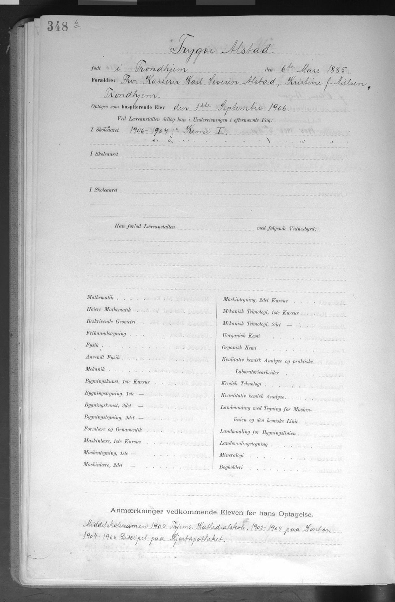 Trondhjems tekniske læreanstalt, AV/SAT-A-1622/G/Ga/L0050: Karakterprotokoll, hospiterende elever, 1870-1914