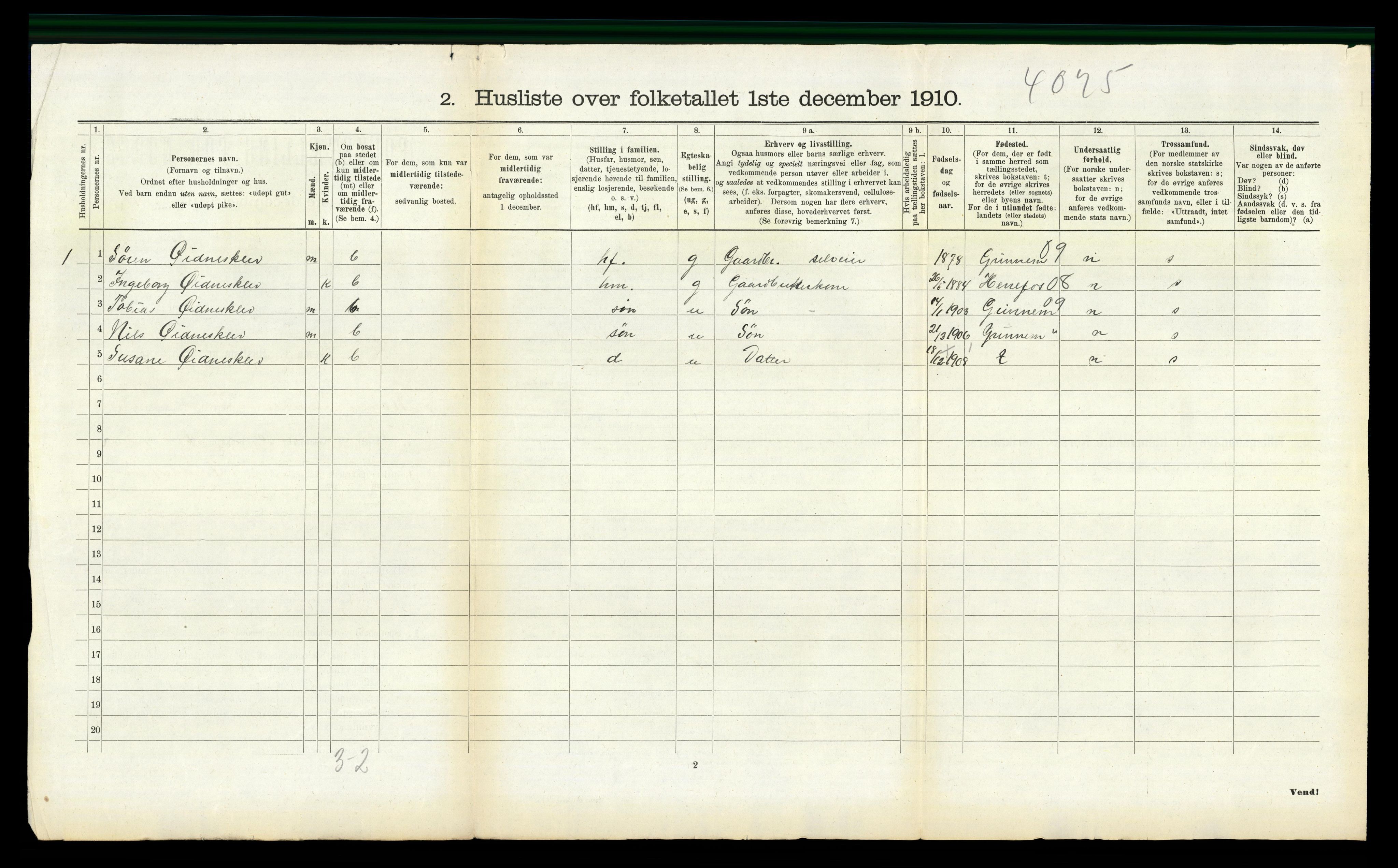 RA, Folketelling 1910 for 1028 Nord-Audnedal herred, 1910, s. 399