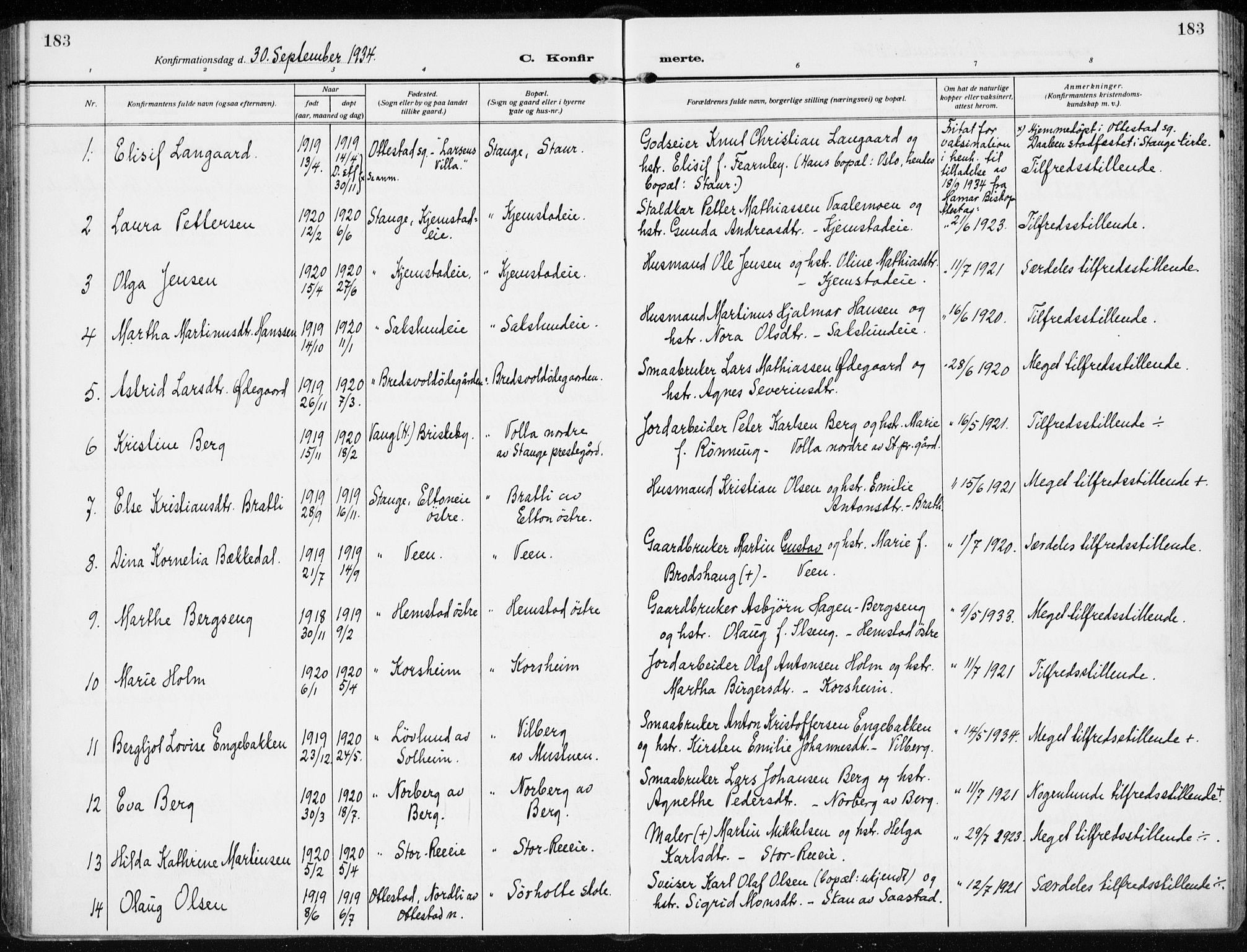 Stange prestekontor, AV/SAH-PREST-002/K/L0026: Ministerialbok nr. 26, 1923-1937, s. 183