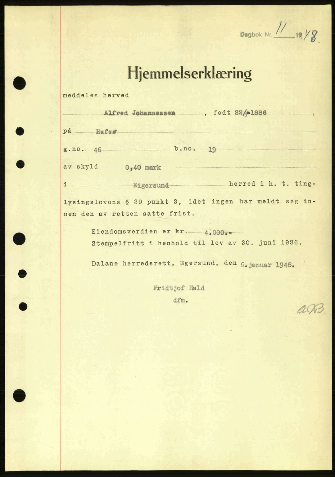 Dalane sorenskriveri, SAST/A-100309/02/G/Gb/L0051: Pantebok nr. A11, 1947-1948, Dagboknr: 11/1948