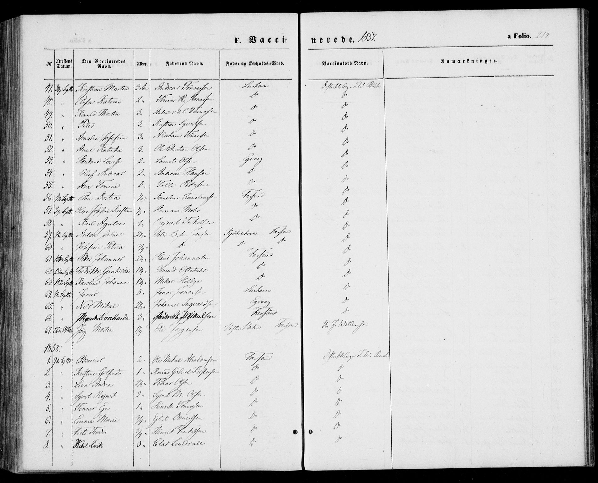 Farsund sokneprestkontor, SAK/1111-0009/F/Fa/L0004: Ministerialbok nr. A 4, 1847-1863, s. 214