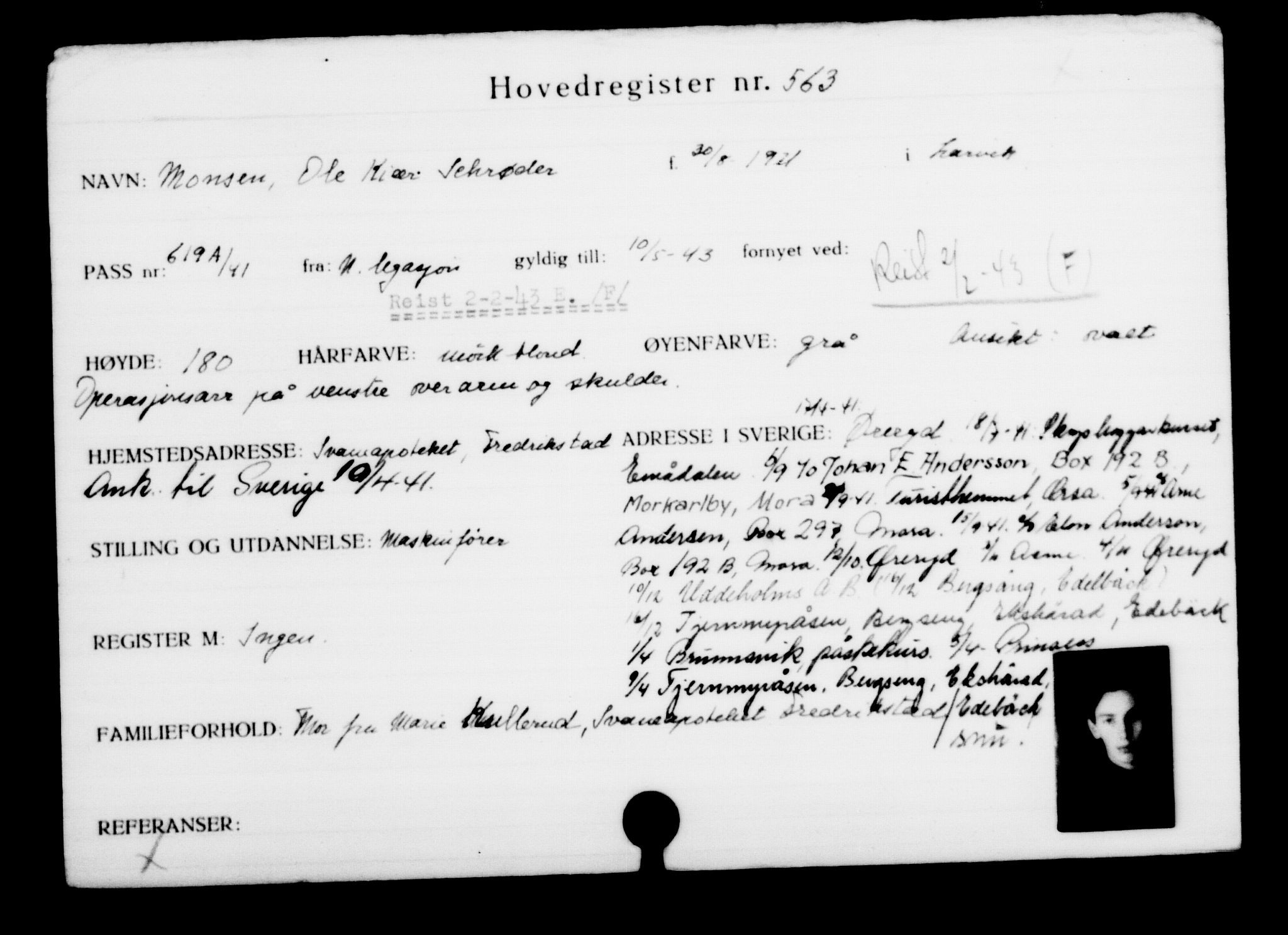 Utenriksstasjonene, Legasjonen i Stockholm, Flyktningkontoret, AV/RA-S-6753/V/Va/L0001: Kjesäterkartoteket, flyktninger med registreringsnr. 1-1000, 1940-1945, s. 874