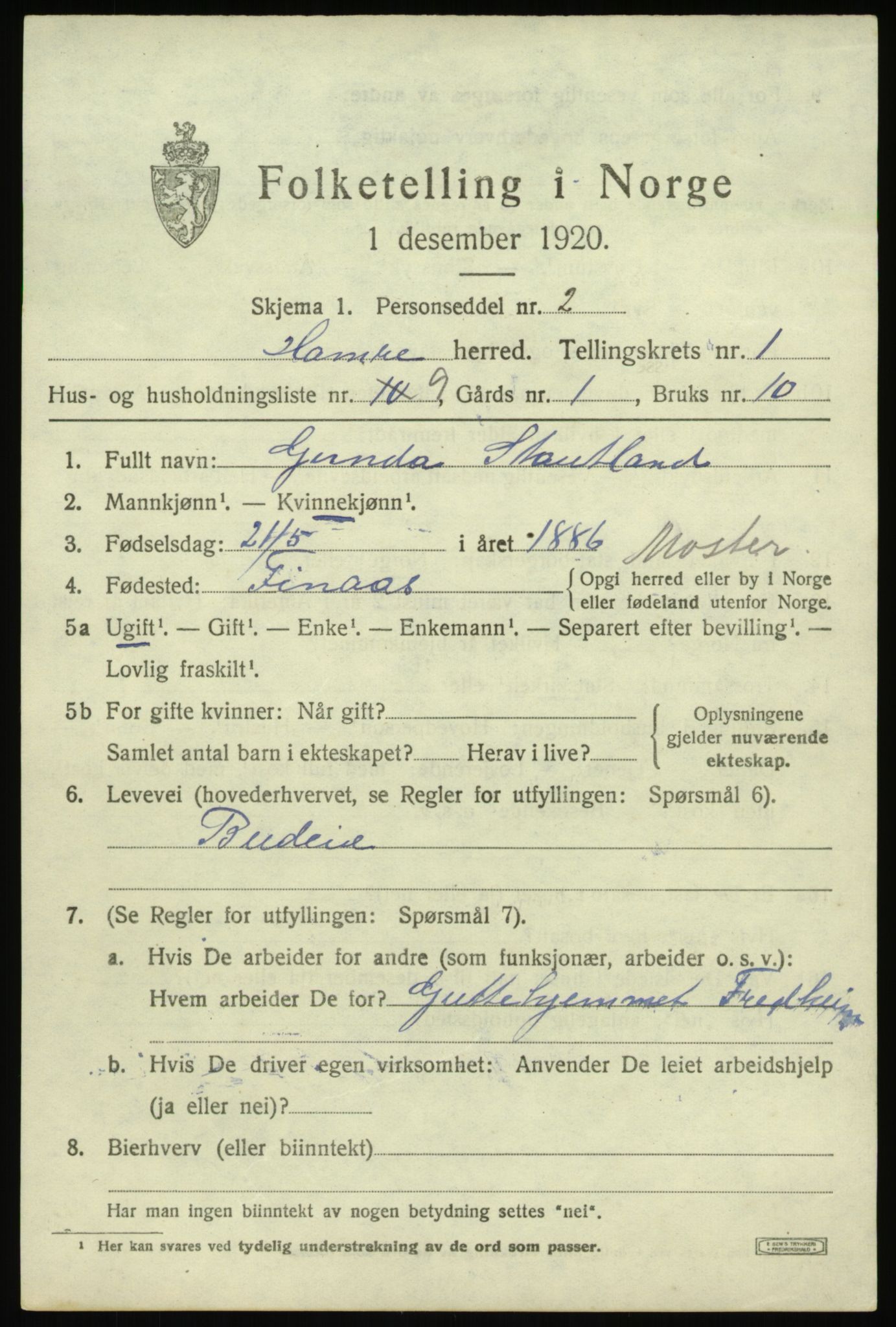 SAB, Folketelling 1920 for 1254 Hamre herred, 1920, s. 1071