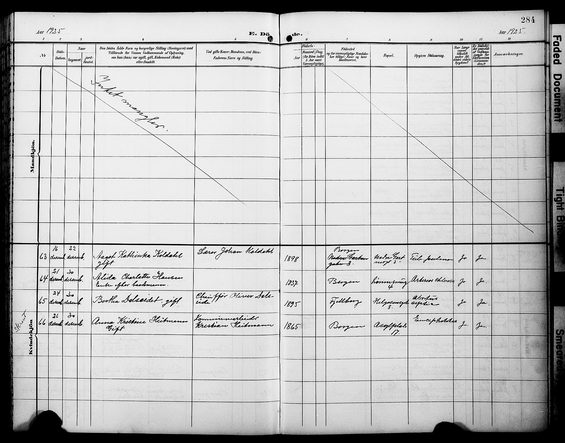 Domkirken sokneprestembete, AV/SAB-A-74801/H/Hab/L0042: Klokkerbok nr. E 6, 1900-1929, s. 284