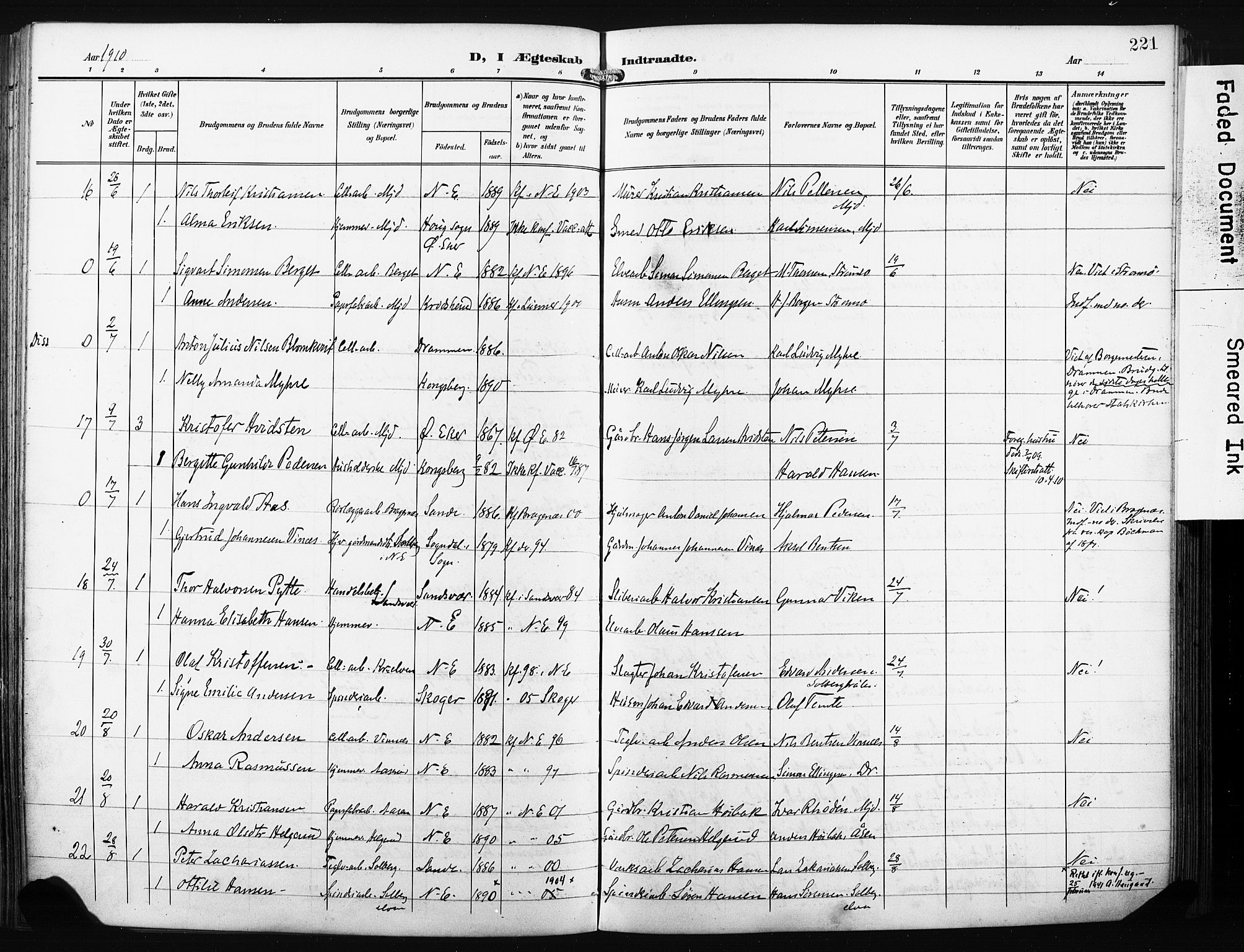 Nedre Eiker kirkebøker, AV/SAKO-A-612/F/Fa/L0006: Ministerialbok nr. 6, 1906-1912, s. 221
