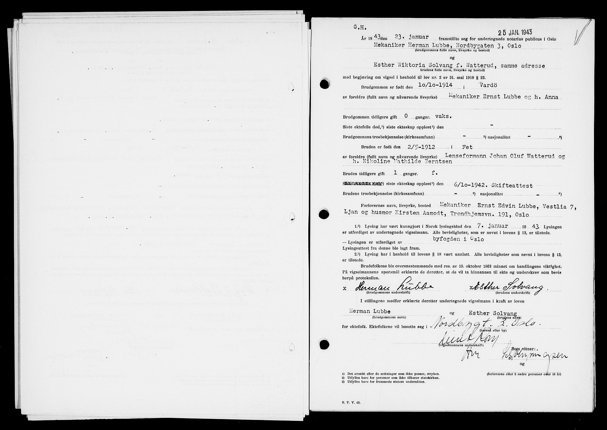 Oslo byfogd avd. I, SAO/A-10220/L/Lb/Lbb/L0043: Notarialprotokoll, rekke II: Vigsler, 1943