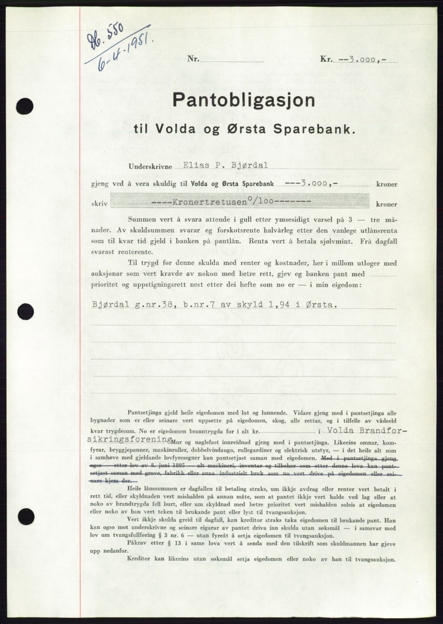 Søre Sunnmøre sorenskriveri, AV/SAT-A-4122/1/2/2C/L0119: Pantebok nr. 7B, 1950-1951, Dagboknr: 550/1951