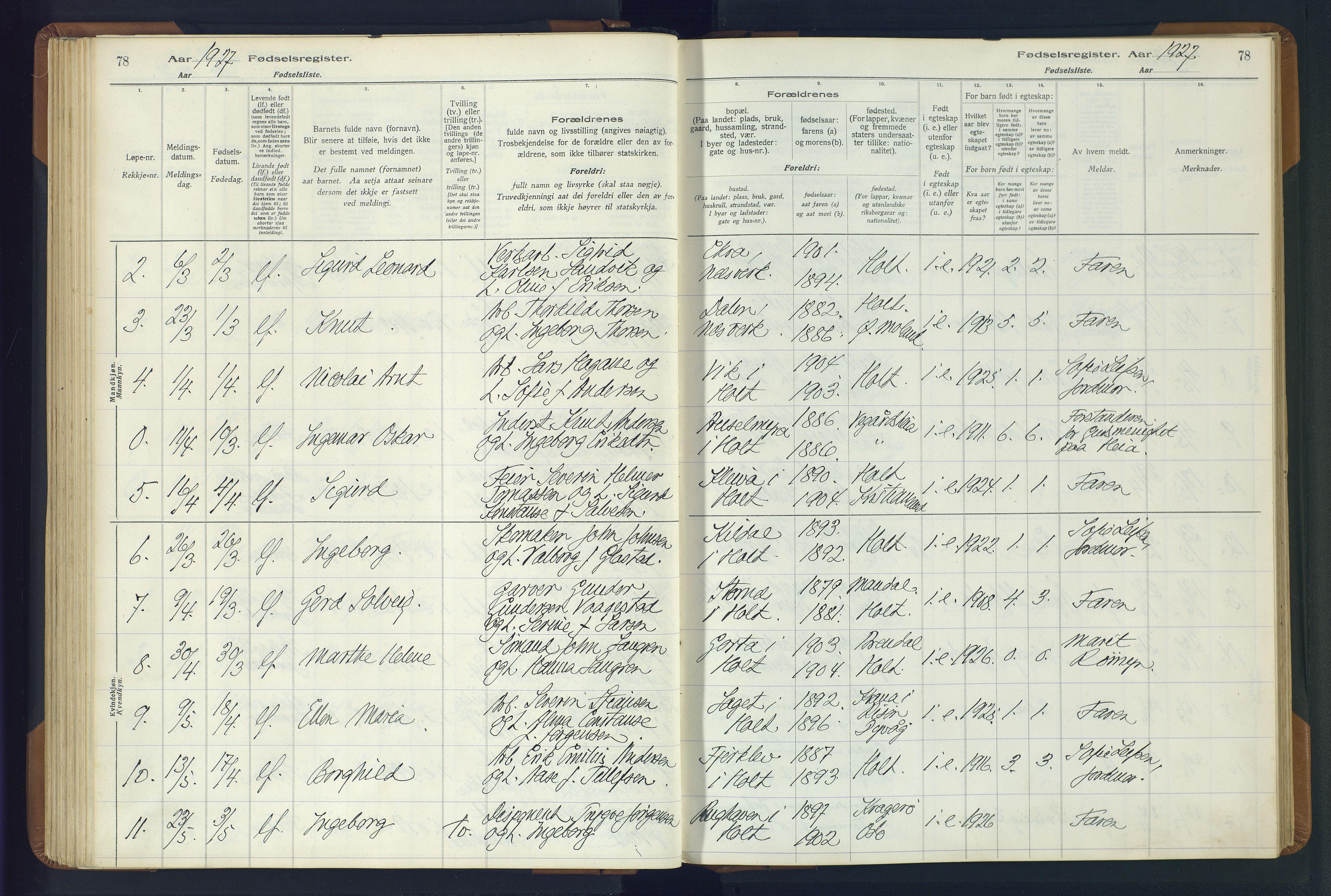 Holt sokneprestkontor, AV/SAK-1111-0021/J/Ja/L0001: Fødselsregister nr. II.4.1, 1916-1946, s. 78