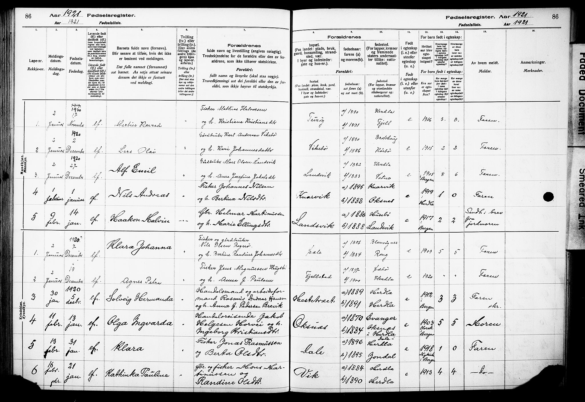 Herdla Sokneprestembete, AV/SAB-A-75701/I/Id/L00A1: Fødselsregister nr. A 1, 1916-1929, s. 86