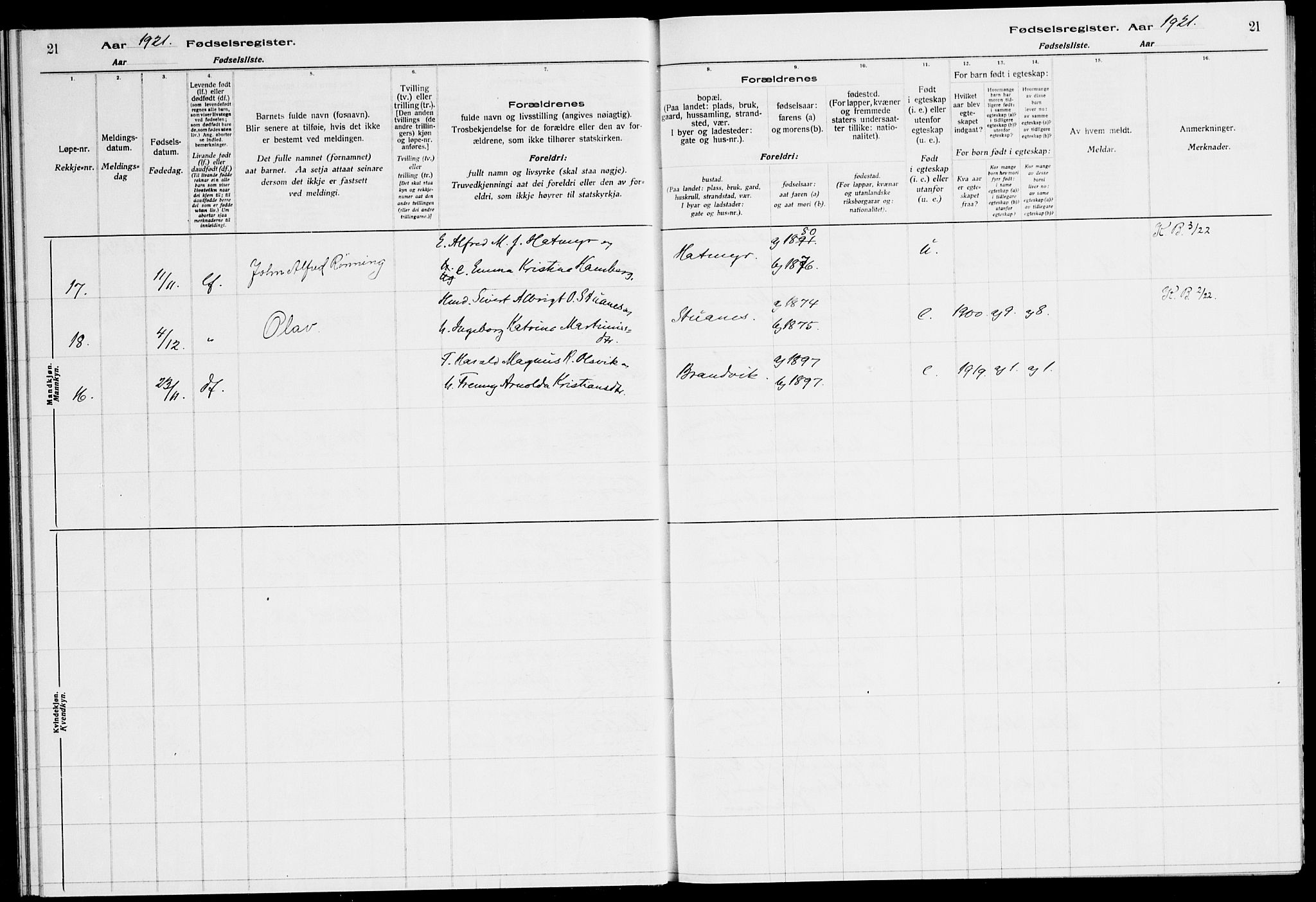 Ministerialprotokoller, klokkerbøker og fødselsregistre - Sør-Trøndelag, SAT/A-1456/651/L0650: Fødselsregister nr. 651.II.4.1, 1916-1923, s. 21