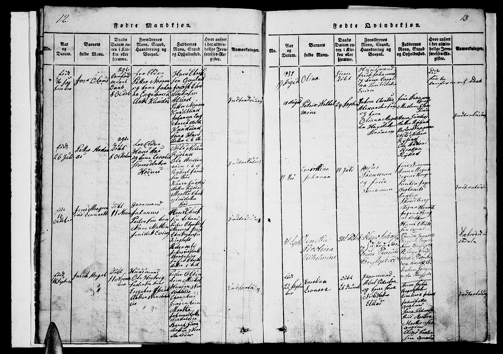 Ministerialprotokoller, klokkerbøker og fødselsregistre - Nordland, AV/SAT-A-1459/880/L1139: Klokkerbok nr. 880C01, 1836-1857, s. 12-13