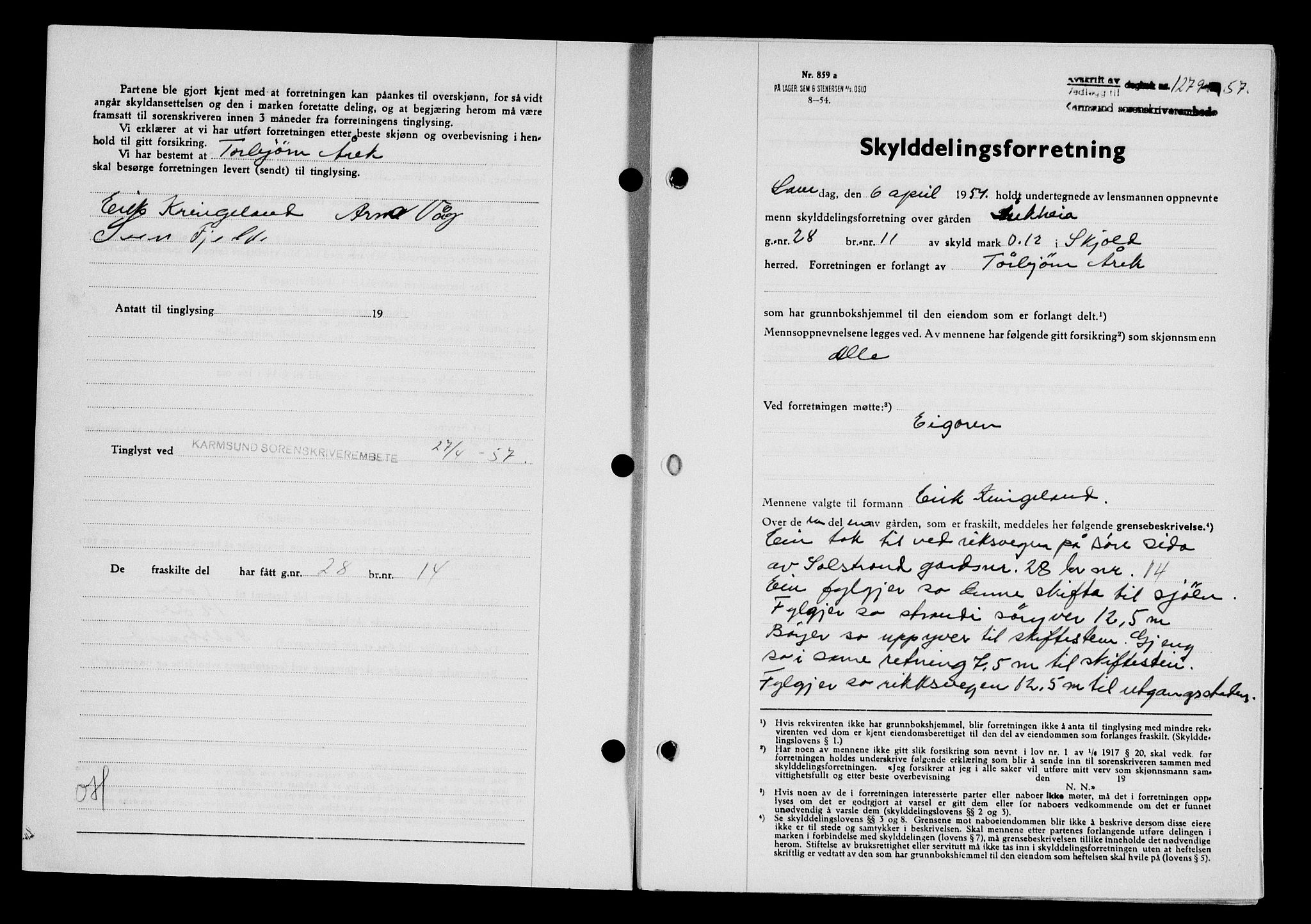 Karmsund sorenskriveri, SAST/A-100311/01/II/IIB/L0124: Pantebok nr. 104A, 1957-1957, Dagboknr: 1279/1957