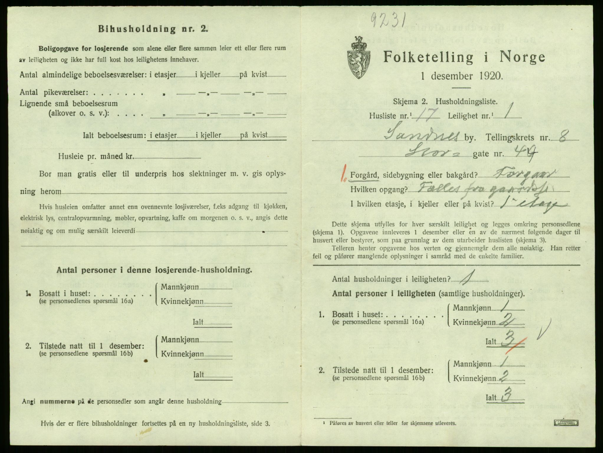 SAST, Folketelling 1920 for 1102 Sandnes ladested, 1920, s. 95