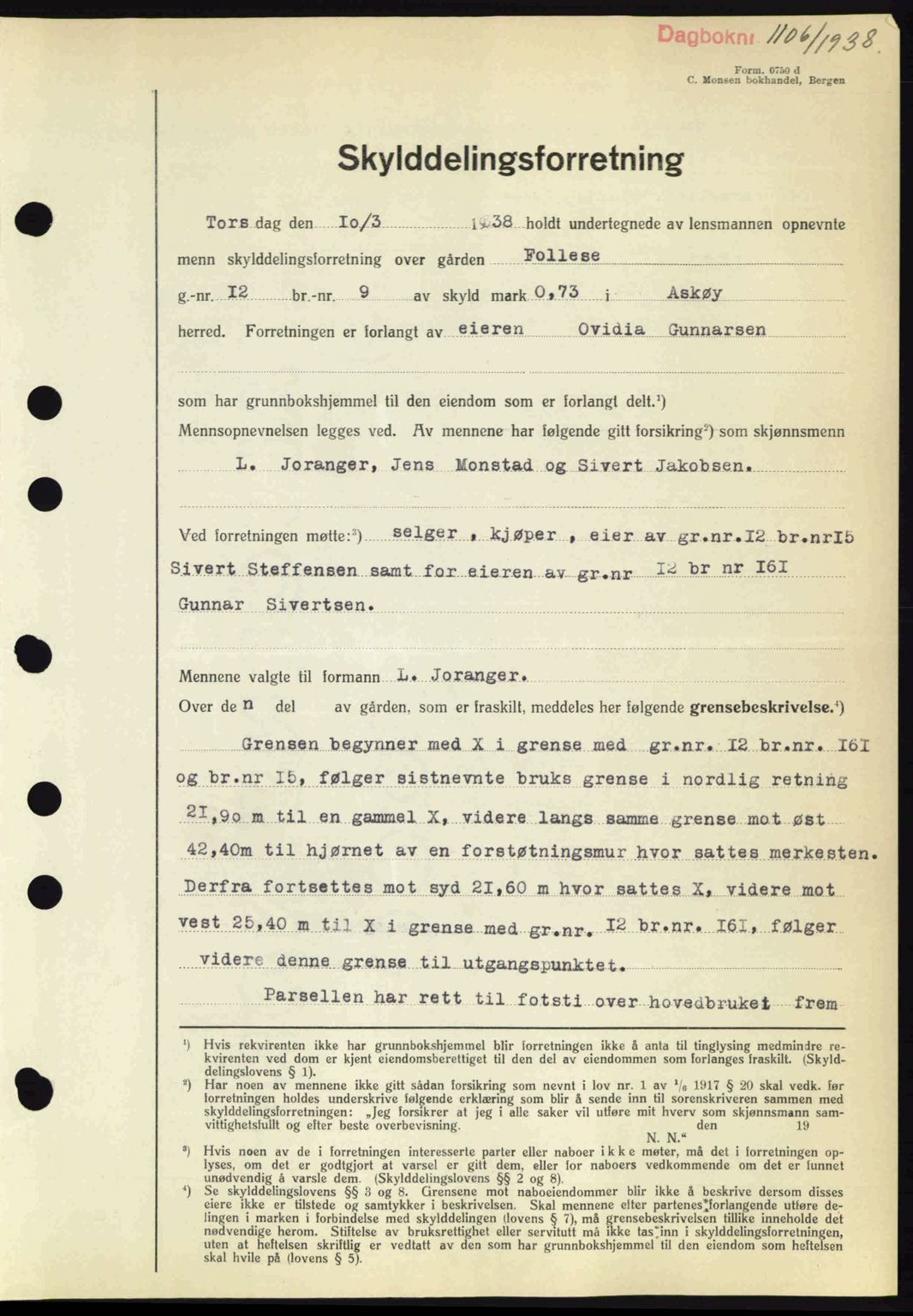 Midhordland sorenskriveri, SAB/A-3001/1/G/Gb/Gbh/L0005: Pantebok nr. A9-10, 1938-1938, Dagboknr: 1106/1938