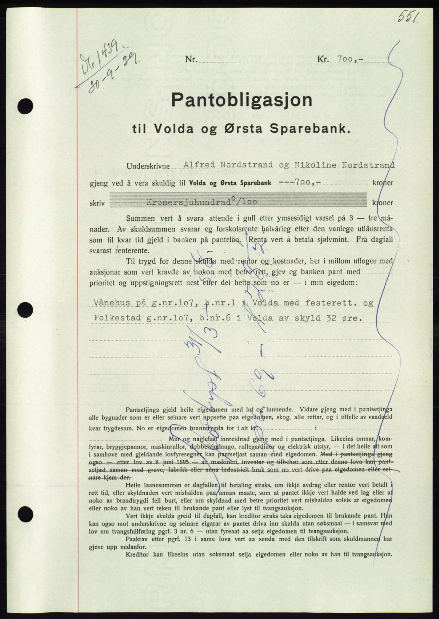 Søre Sunnmøre sorenskriveri, AV/SAT-A-4122/1/2/2C/L0068: Pantebok nr. 62, 1939-1939, Dagboknr: 1439/1939