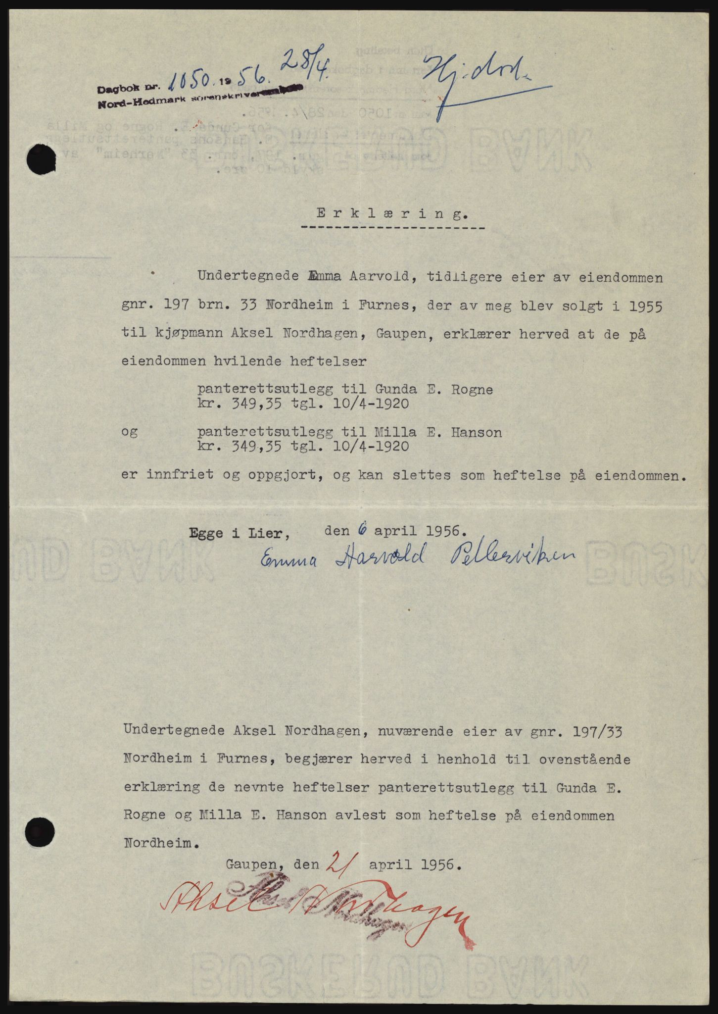 Nord-Hedmark sorenskriveri, SAH/TING-012/H/Hc/L0010: Pantebok nr. 10, 1955-1956, Dagboknr: 1050/1956